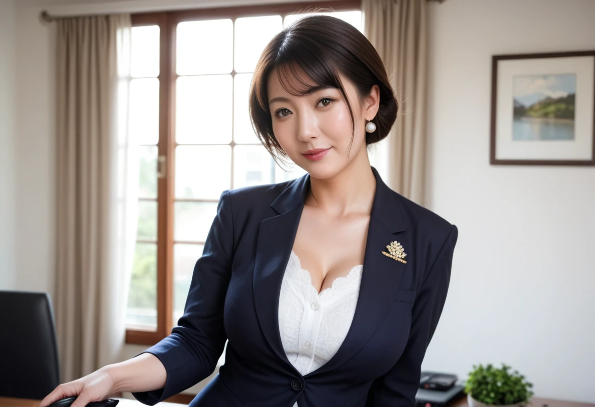 Photorealistic, High resolution, 1 woman, hips up high, Beautiful eyes, bob cut  hair, Ringed Eyes, Blonde hair, Jewelry,inoueseika, navy officelady suit, Squatting, Spread legs,hight heels,(cleavage:1.3)