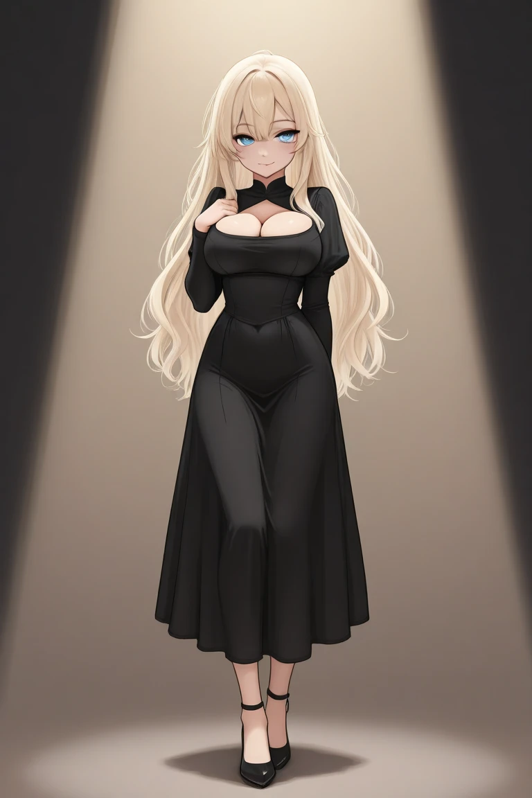 Long blond beauty mature woman ,beauty mark on face ,big blue eyes (1,3) ,red lipstick ,ample big  for kissing lips ,busty ,curvey ,thick ,wearing low black dress over knees ,fisher-net pantyhose ,black high heels ,portrait ,hand on hips ,sant as model of fashion