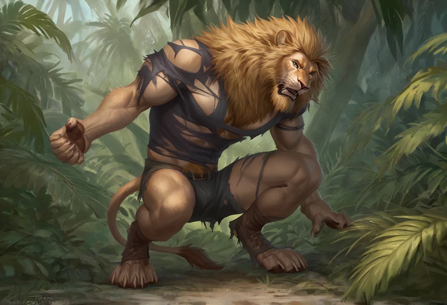 male lion, comic book style, illustration, solo, abs, pecs, concentrated expression, masculine body, masterpiece, best art, full body, digitigrade, by oouna, by taran fiddler, torn shorts, torn shirt, detailed hands, tall, detailed eyes, large tail, detailed torso, low angle view, forest, pain expression, transformation, yelling, penis poking out, all fours