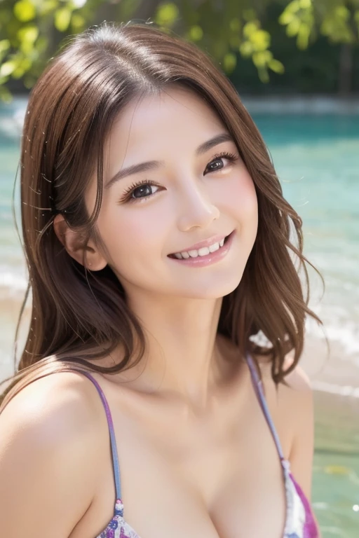 (highest quality、8K、32k、masterpiece)、(RAW Photos)、(Realistic)、(High resolution)、Very detailed、Very beautiful face and eyes、1girl,Patterned Bikini、Simple silver necklace、Hawaii Beaches、Palm tree、blue sky、cloud、summer、(Composition from the waist up), (Shiny Hair, Shiny skin), (Background blur), (Shallow depth of field),Eye Reflexes, (Smile and laugh:1.2),bangs、Hair in the wind、Backlight:1.2、Shortcuts、Brown Hair:1.2,Facing forward:1.3