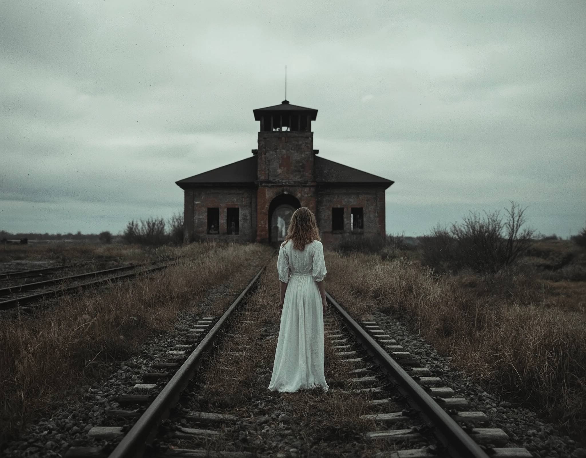 Cinematic photography, eye-level view of an abandoned railway leading towards a historic brick structure with a central watchtower, evoking a haunting and solemn atmosphere. The rusty train tracks, overgrown with dry grass, guide the viewer’s gaze through the desolate landscape, emphasizing depth and perspective. The sky is overcast, casting a muted, cold light over the scene, with a desaturated color palette and a subtle greenish-blue tint enhancing the melancholic tone.
A young woman in a flowing, long white dress stands near the tracks, her presence contrasting starkly with the dark history of the location. Her expression is solemn as she gazes into the distance, her hair gently tousled by the wind. The cinematic framing, combined with a soft film grain effect and a vintage-inspired color grading, creates a striking, thought-provoking composition. The image has a deep depth of field, making the foreground crisp while subtly blurring the background, reinforcing the immersive and evocative storytelling.