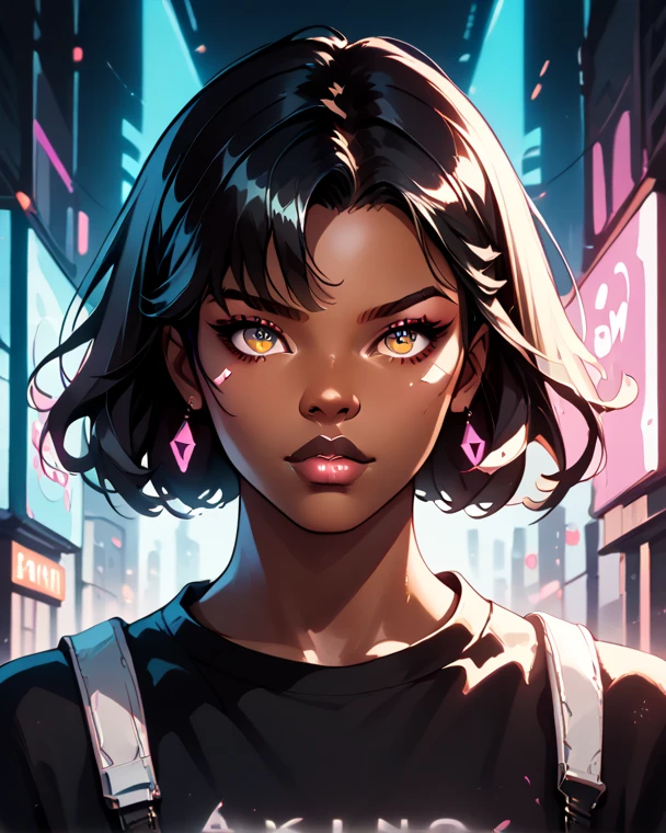beautiful ebony brown skin supermodel (short hair) (black lipstick) hoop earrings nude time square at night neon lights