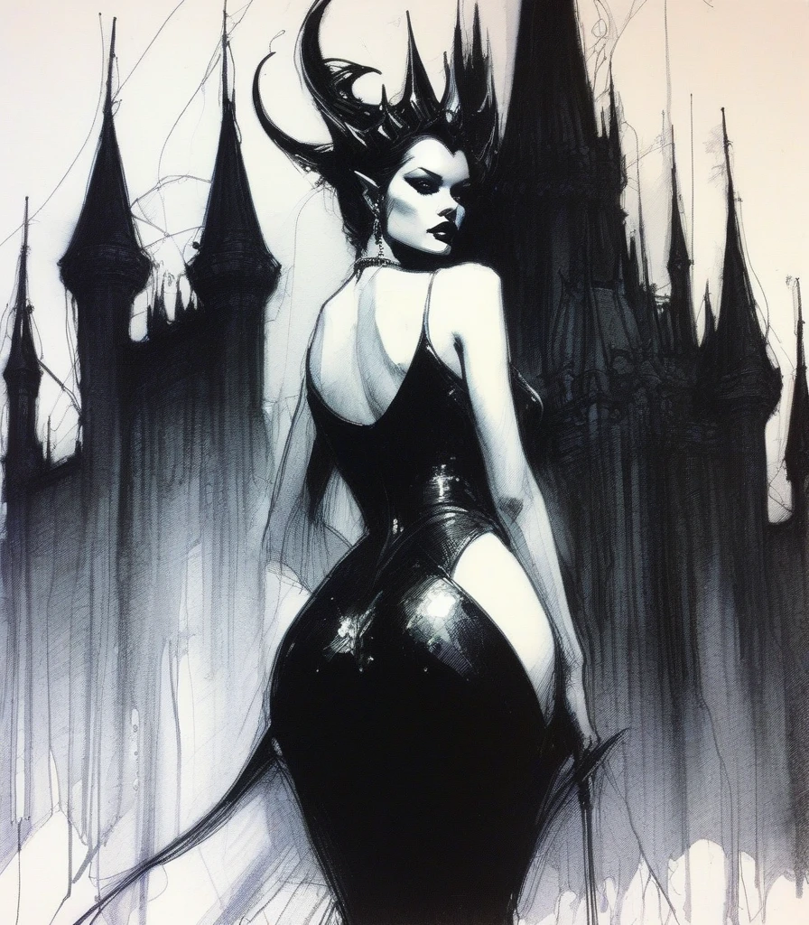 some sexy, dark, queen of hell, loneliness, magic,castle, tmari, sketch, traditional media, pen drawing, white background (art inspired by Bill Sienkiewicz). oil painting)