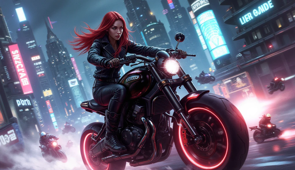 Doomsday cavalry females have long red hair, Mexican white wine, Black and gray suit, No helmets and guns, full bodyesbian, Fire scene