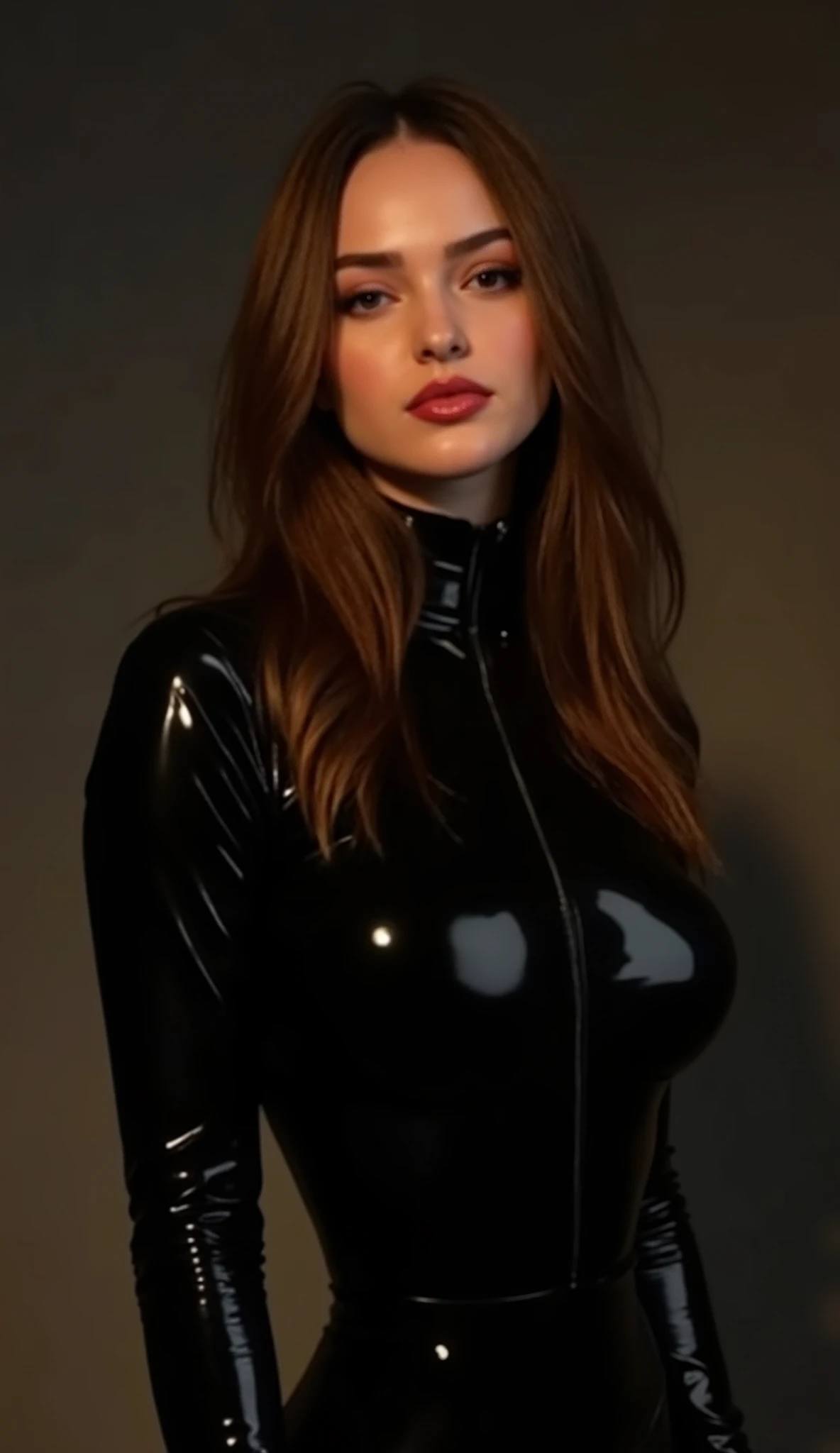 🌟 :
"high resolution, hyperrealistic, mit dramatischer Beleuchtung und shinyn Texturen. silent: Modern high-fashion photography with a touch of avant-garde."
🌌 :
"A dark, minimalistic studio background with soft light reflections, that accentuate the shine of the latex catsuit and lips. Individual light sources create dramatic shadows and highlights."
😈 :
"A beautiful girl with fiery red hair, that fall over her shoulders in soft waves. She is wearing a tight, shinyn Latex-Catsuit in schwarzer Farbe, that accentuates her body perfectly. Her face is with extreme makeup provide: dark eyeliner with dramatic swipes, shiny, dark red lips with lip gloss, The reflective look. Her skin is covered with body oil, which gives her a seductive glow."
🔥 :
"She stands in a confident pose, the hip slightly tilted to the side, the arms loose on the sides. Your look is intense and directed directly at the camera, with a touch of seduction. The atmosphere is powerful, sexy and avant-garde."