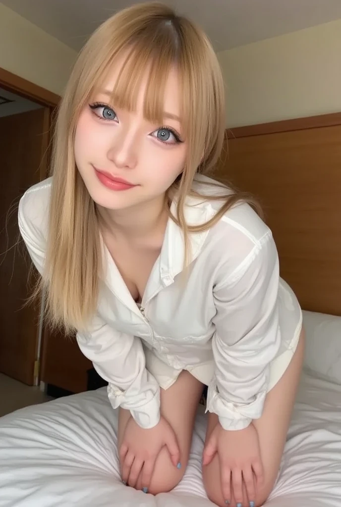 (1girl),apartment, bed, clothes in disarray,(pajamas:1.2),topless, (small nipples), (big breasts: 1.2), nude gravure, beautiful Japanese, (from above:1.5) ,(looking at viewer),(kneeling pose),smirk,(upper body),(blonde),(straight hair),28years old,