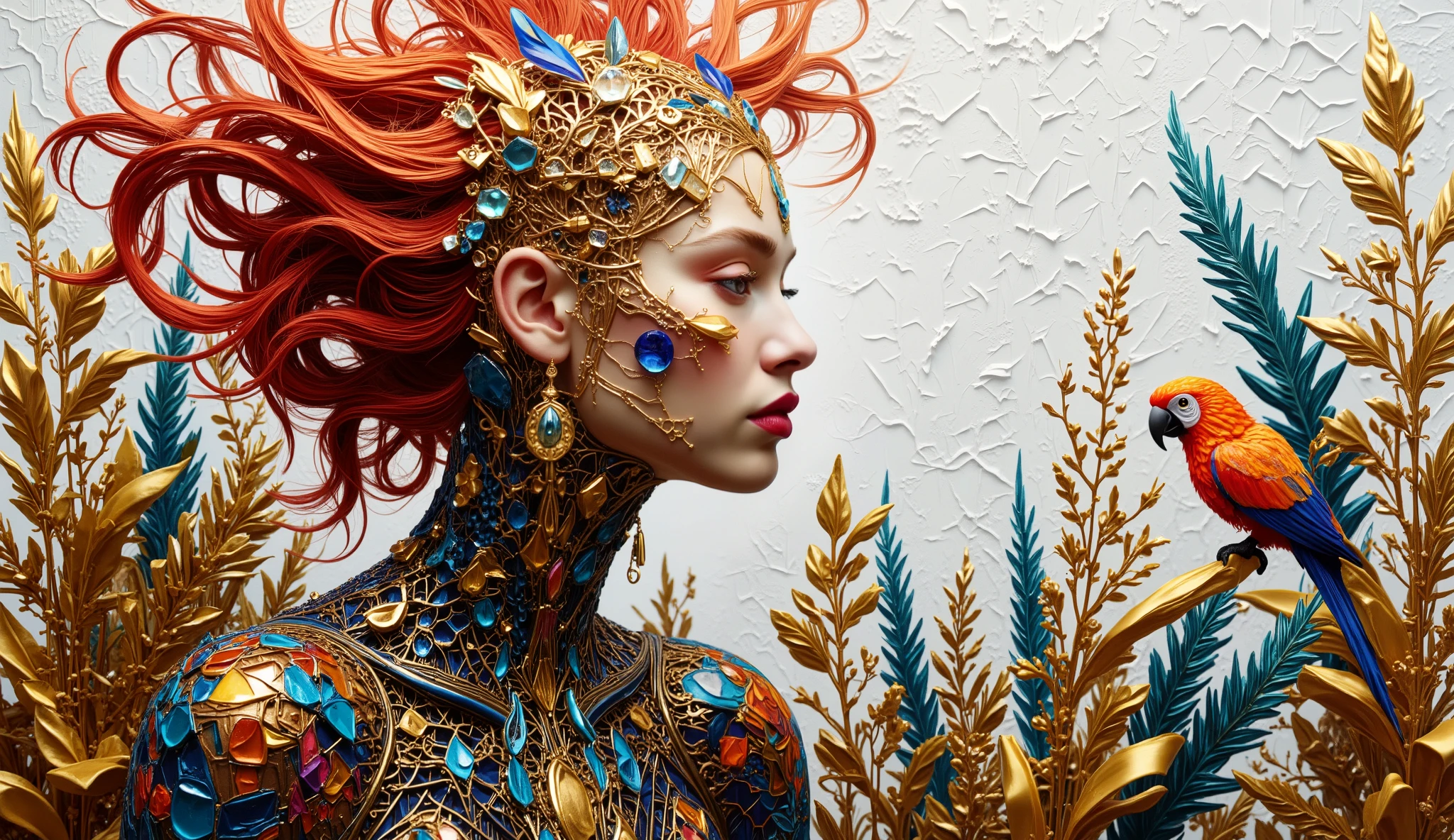 A whimsical fusion of patterns and colors brings to life an imaginative scene, featuring a central figure with flowing red hair and striking makeup, exuding an air of mystery. She is enveloped in a rich tapestry of bold geometric designs and organic motifs, intertwined with abstract forms like tropical plants and a vividly-colored bird perched beside her. The background, rendered in white and gold tones with a textured pattern, supports the foreground's intricate details, while the visual balance is accentuated by elongated limbs and playful, exaggerated features. This artwork blends elements of surrealism and modern illustration, inviting viewers into a dreamlike narrative filled with expressive energy and captivating visual storytelling.