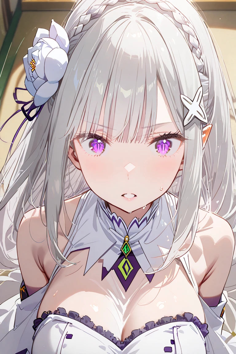 small young short tanned elf girl, huge tits, solo, long silver hair, purple eyes, collar