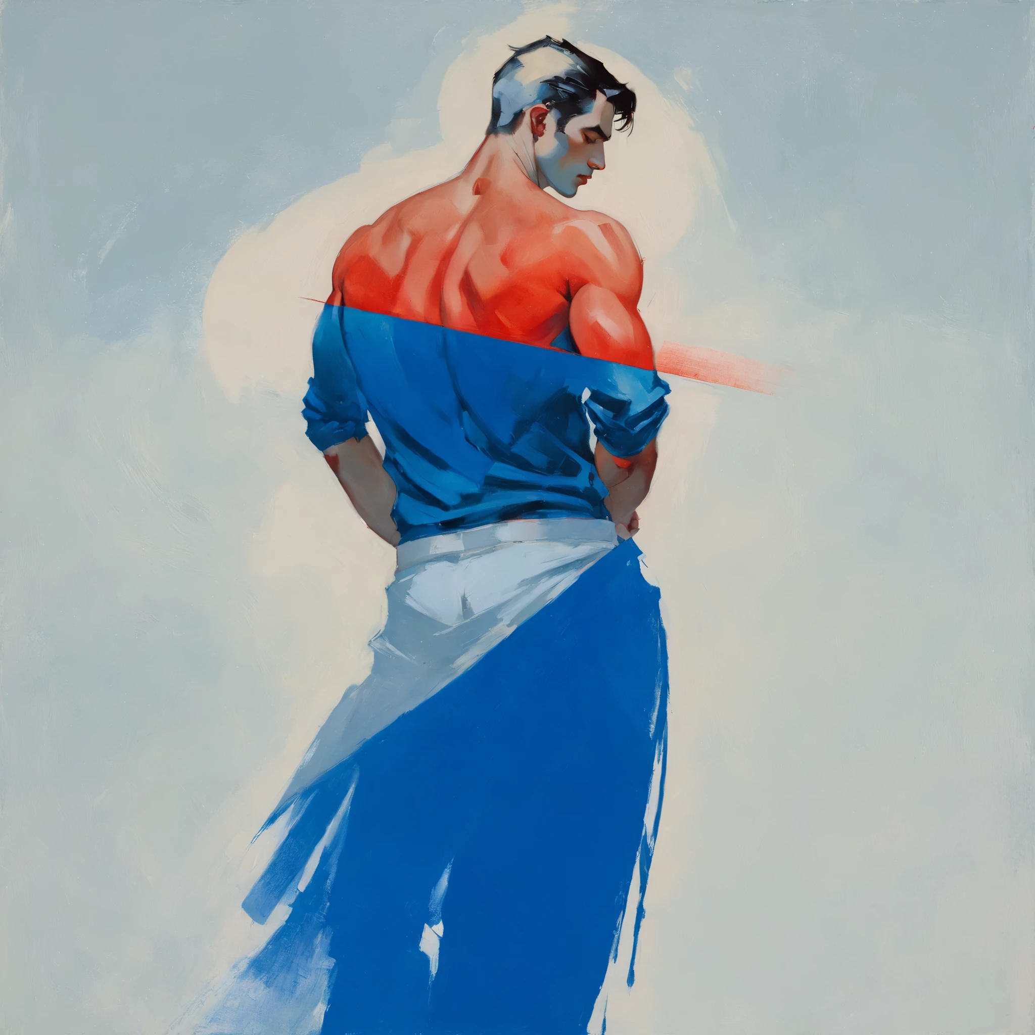 chiaroscuro technique on sensual illustration of an arafed man in white underwear, sexy masculine, diego fazio, male model, by Ludovit Fulla, model with attractive body, inspired by Ludovit Fulla, mid-shot of a hunky, the model draped in flowing, thick oil painting by Harumi Hironaka, extremely soft colors, vibrant, highly detailed, malcolm liepke painting, oil on canvas, high contrast, dramatic, refined, tonal, Create high contrast between light and shadow fire around, there is a red circle on a blue and red square, inspired by Bauhaus, in a shapes background, brown red blue, circle forms, red blue, by Leon Polk Smith, memphis abstract minimal art, graphic shapes, minimal art, blue and red, minimal art style, bauhaus art, inspired by El Lissitzky, bold simple shapes