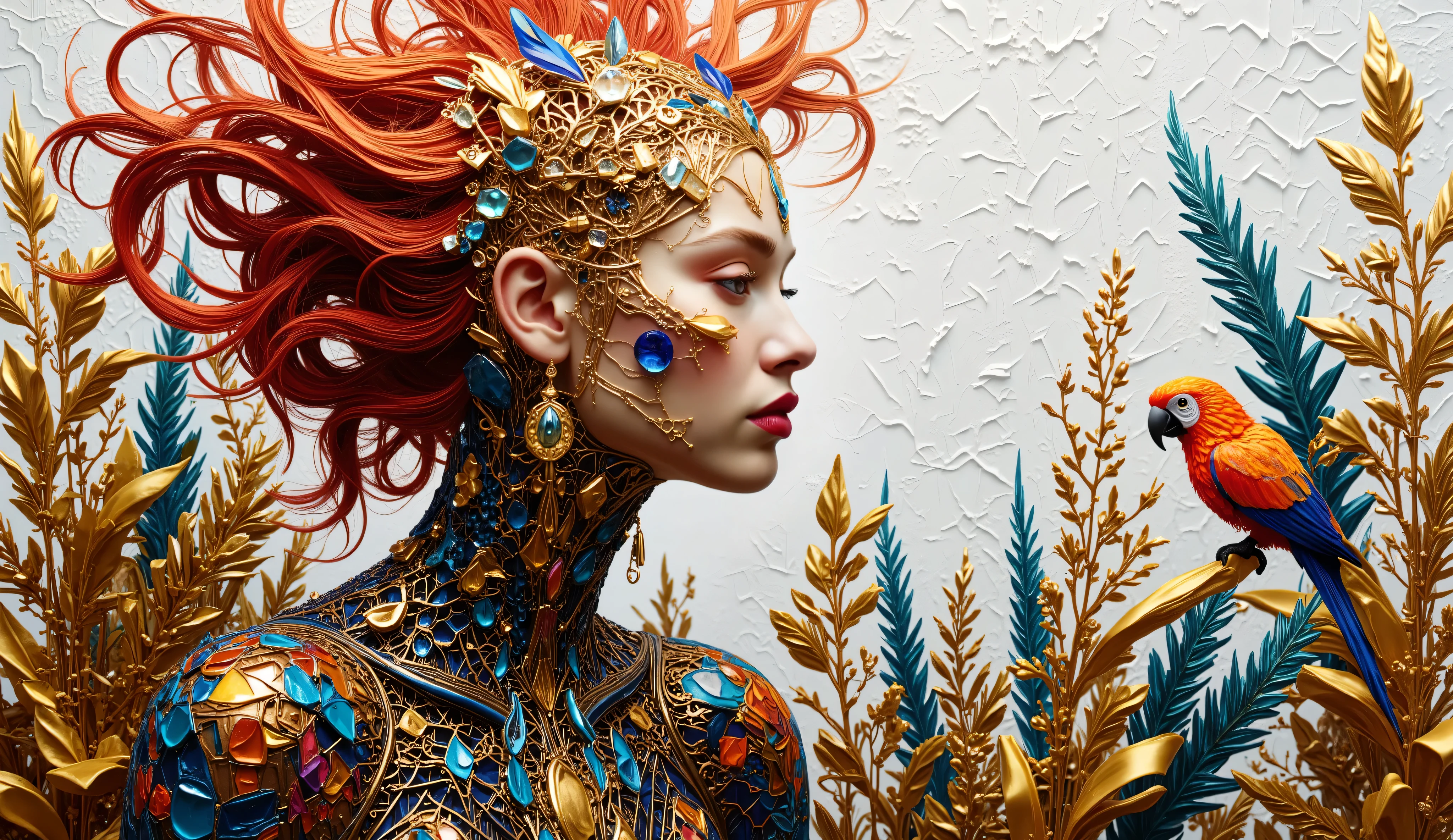 A whimsical fusion of patterns and colors brings to life an imaginative scene, featuring a central figure with flowing red hair and striking makeup, exuding an air of mystery. She is enveloped in a rich tapestry of bold geometric designs and organic motifs, intertwined with abstract forms like tropical plants and a vividly-colored bird perched beside her. The background, rendered in white and gold tones with a textured pattern, supports the foreground's intricate details, while the visual balance is accentuated by elongated limbs and playful, exaggerated features. This artwork blends elements of surrealism and modern illustration, inviting viewers into a dreamlike narrative filled with expressive energy and captivating visual storytelling.