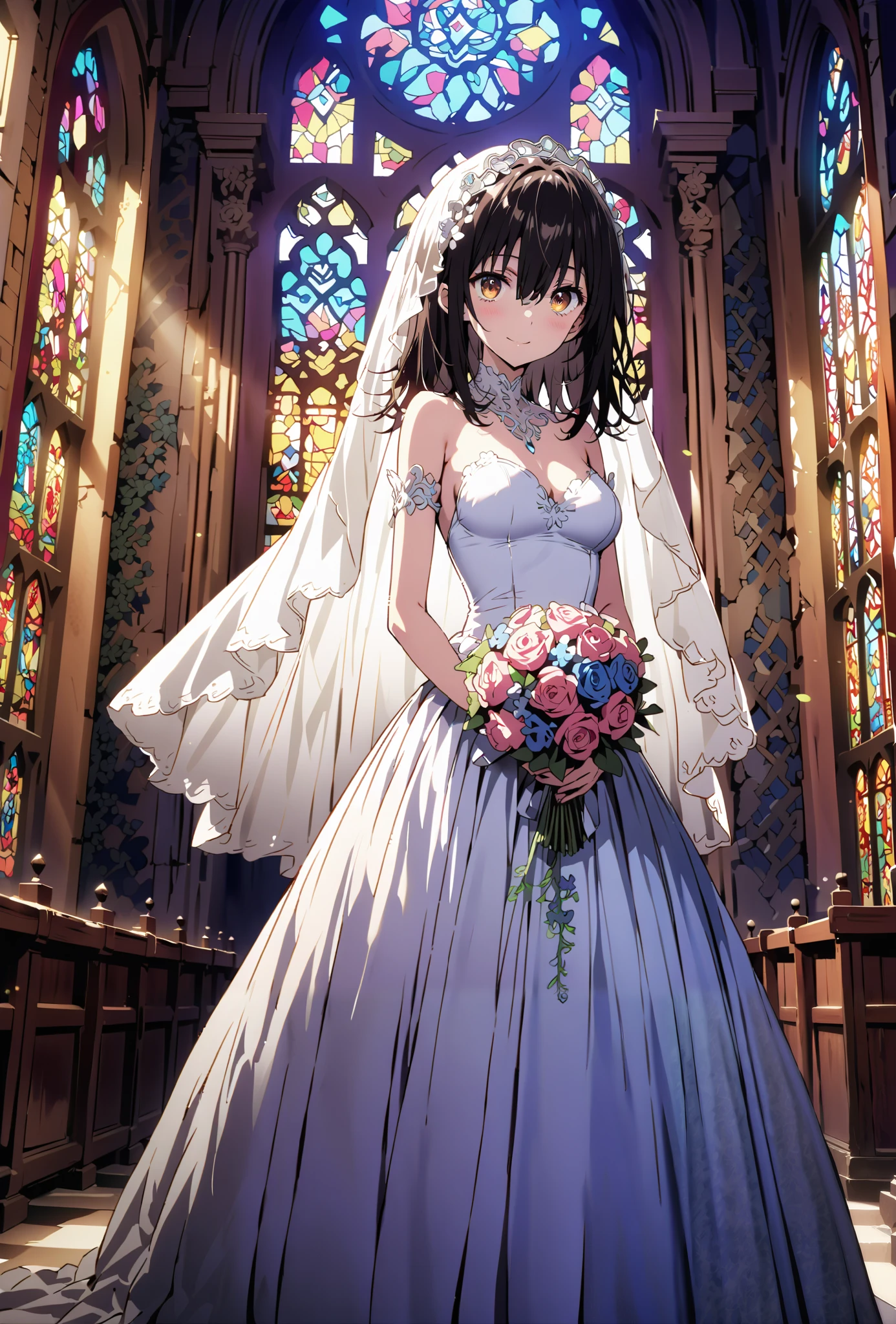 score_9, score_8_up, score_7_up, source_anime, Yukina Himeragi, medium hair, black hair, brown eyes,smile,cover,close your mouth,Medium breast,Veil,Wedding Dress,wedding long skirt,holding a bouquet of flowers with both hands,bouquet,standing,stained glass,full body,がillustrationに入るように,break indoors, Chapel,church,
break looking at viewer,full body,
break (masterpiece:1.2), best quality, high resolution, Unity 8K Wallpaper , (illustration:0.8), (beautiful detailed eyes:1.6), Highly detailed faces, perfect lighting, extremely detailed CG, (perfect hand, perfect anatomy),