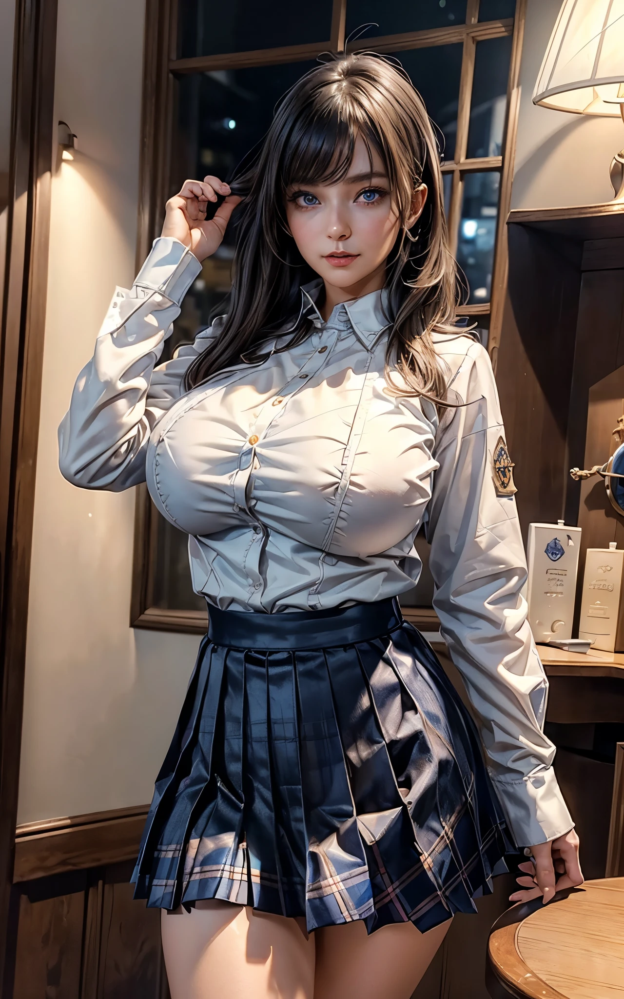 (( beautiful face:1.4)), (Purelos Face_v1: 1.0), girl1人、((Natural huge breasts:1.4)),((Upper Body)),(best quality, 8k, 32K, masterpiece, NFFS:1.2), (realistic:1.5), (masterpiece, Highly Detailed CG Unity 8K Wallpaper, best quality, expensivet resolution:1.2), ( ultra detailed , NFFS:1.2), (cowboy shooting:1.3), break, (Wearing a schoolgirl uniform, navy jacket:1.3, white collar shirt:1.3, plaid pleated skirt:1.3, white sneakers:1.3), bright expression, shiny white skin, Great looks, ultimate beauty girl, break, (Platinum blonde hair with dazzling expensivelights, shiny bright hair , Smooth and Straight Hair, Shiny, beautiful bangs), break, Clear and Attractive Blue Eyes Like Shining Crystals, very beautiful and cute , rich bust, masterpiece, best quality, Capture a super cute moment, depth of field, ultra detailed , super high resolution, C4D, Octadale, 3D Modeling, 8k, .,expensive_schools_girl