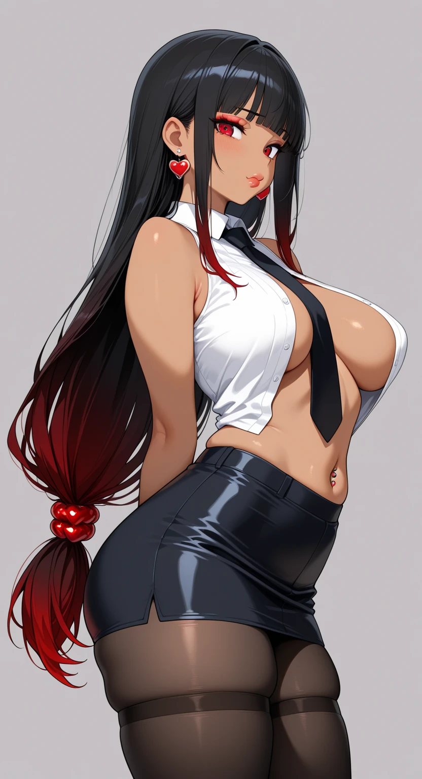 bright red eyes)beautiful, beautiful woman, perfect anatomy, perfect body, whole body, big breasts, choker:1.6, captivating look, slight smile, realism, from behind, facial focus,(looking at the viewer:1.2) Masterpiece, Rough skin, super detailed, high detail, high quality, 最high quality, 1080P, 16k, realist, 1 girl, (black fur:1.6, waist length hair), crop top, shiny black leggings, Chapped lips, blush, evening, sollight, (white long sleeve collared shirt:1.4), (shiny black boots), shy, path, dark forest, por la evening, Moonlight