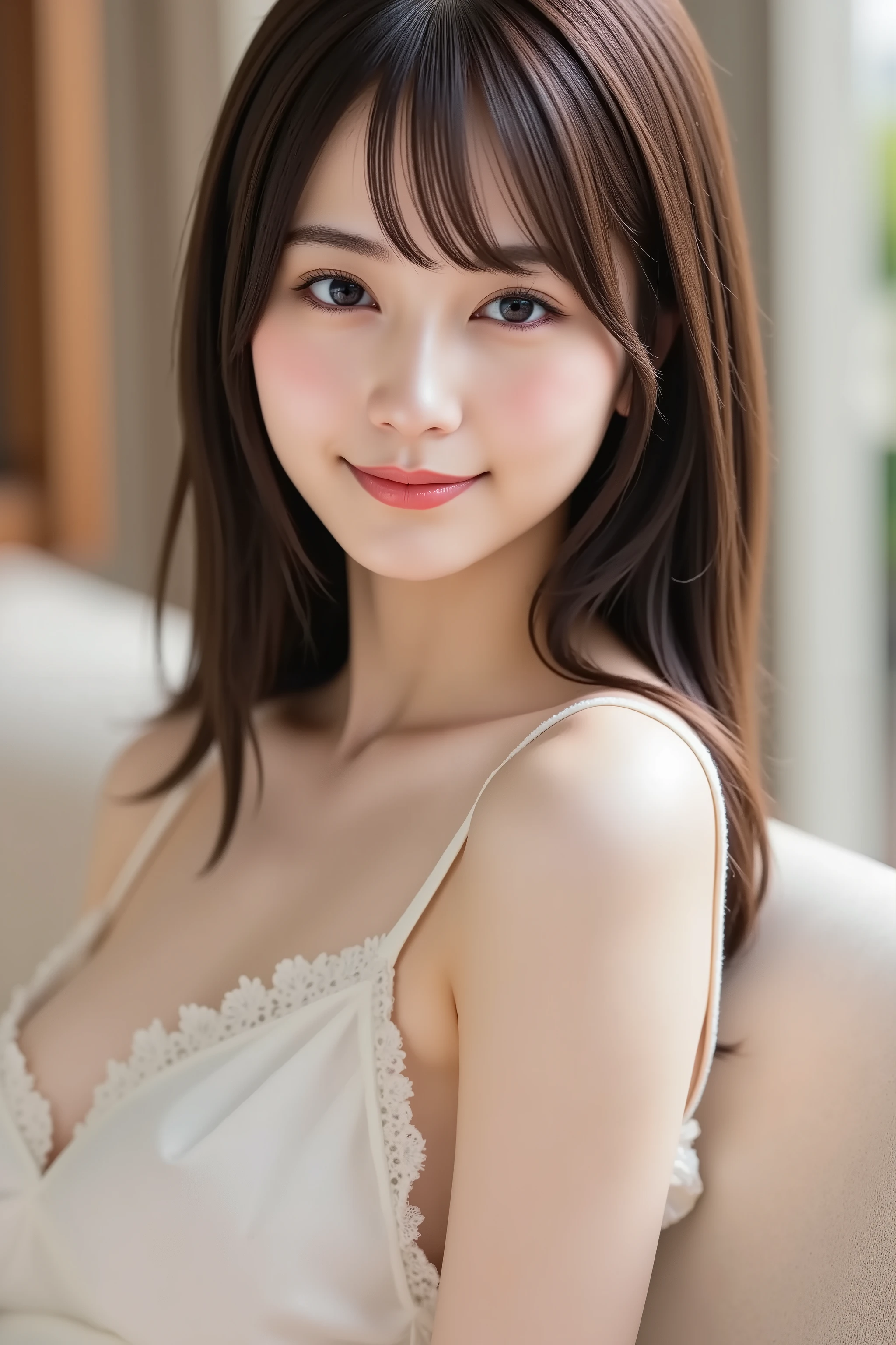 with the face positioned accurately in the center of the image, masterpiece,  fine, clean skin、camisole, sofa background、long black hair, Bangs, smile, 8k