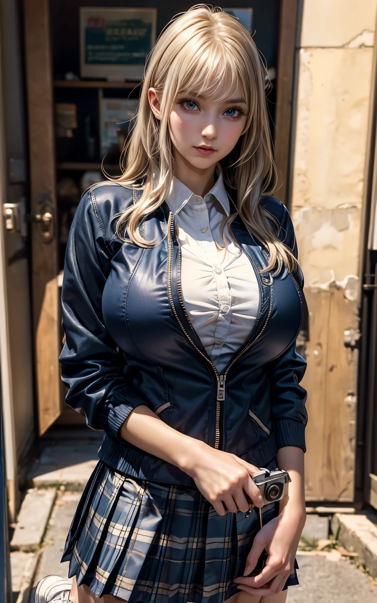 (( beautiful face:1.4)), (Purelos Face_v1: 1.0), girl1人、((Natural huge breasts:1.4)),((Upper Body)),(best quality, 8k, 32K, masterpiece, NFFS:1.2), (realistic:1.5), (masterpiece, Highly Detailed CG Unity 8K Wallpaper, best quality, expensivet resolution:1.2), ( ultra detailed , NFFS:1.2), (cowboy shooting:1.3), break, (Wearing a schoolgirl uniform, navy jacket:1.3, white collar shirt:1.3, plaid pleated skirt:1.3, white sneakers:1.3), bright expression, shiny white skin, Great looks, ultimate beauty girl, break, (Platinum blonde hair with dazzling expensivelights, shiny bright hair , Smooth and Straight Hair, Shiny, beautiful bangs), break, Clear and Attractive Blue Eyes Like Shining Crystals, very beautiful and cute , rich bust, masterpiece, best quality, Capture a super cute moment, depth of field, ultra detailed , super high resolution, C4D, Octadale, 3D Modeling, 8k, .,expensive_schools_girl