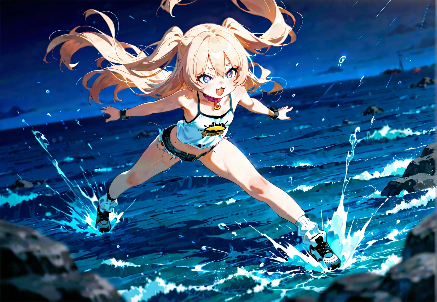 ((Masterpiece)), ((Best Quality)), (Very Detailed), ((Very Detailed)), 4K, (8K), very aesthetic, absurdres highres, 1girl, breasts, swimsuit, bikini, animal ears, solo, grey hair, long hair, rabbit ears, black bikini, water gun, navel, choker, black nails, black choker, cleavage, thigh strap, outdoors, looking at viewer, smile, fangs, large breasts, side-tie bikini bottom, tail, day, rabbit girl, blue eyes, open mouth, water, arm strap, ahoge, nail polish, wet, hair between eyes, ass visible through thighs, stomach, thigh gap, o-ring, sky, holding, twintails, string bikini, cowboy shot, sunlight, bare shoulders, collarbone, blush, ocean, blue sky, halterneck, very long hair, low twintails, jewelry, thighs, leaning forward, :d, piercing, cloud, ear piercing, armpits, alternate costume, pendant, standing, water drop, explicit, anime artwork, anime style, key visual, vibrant, studio anime,