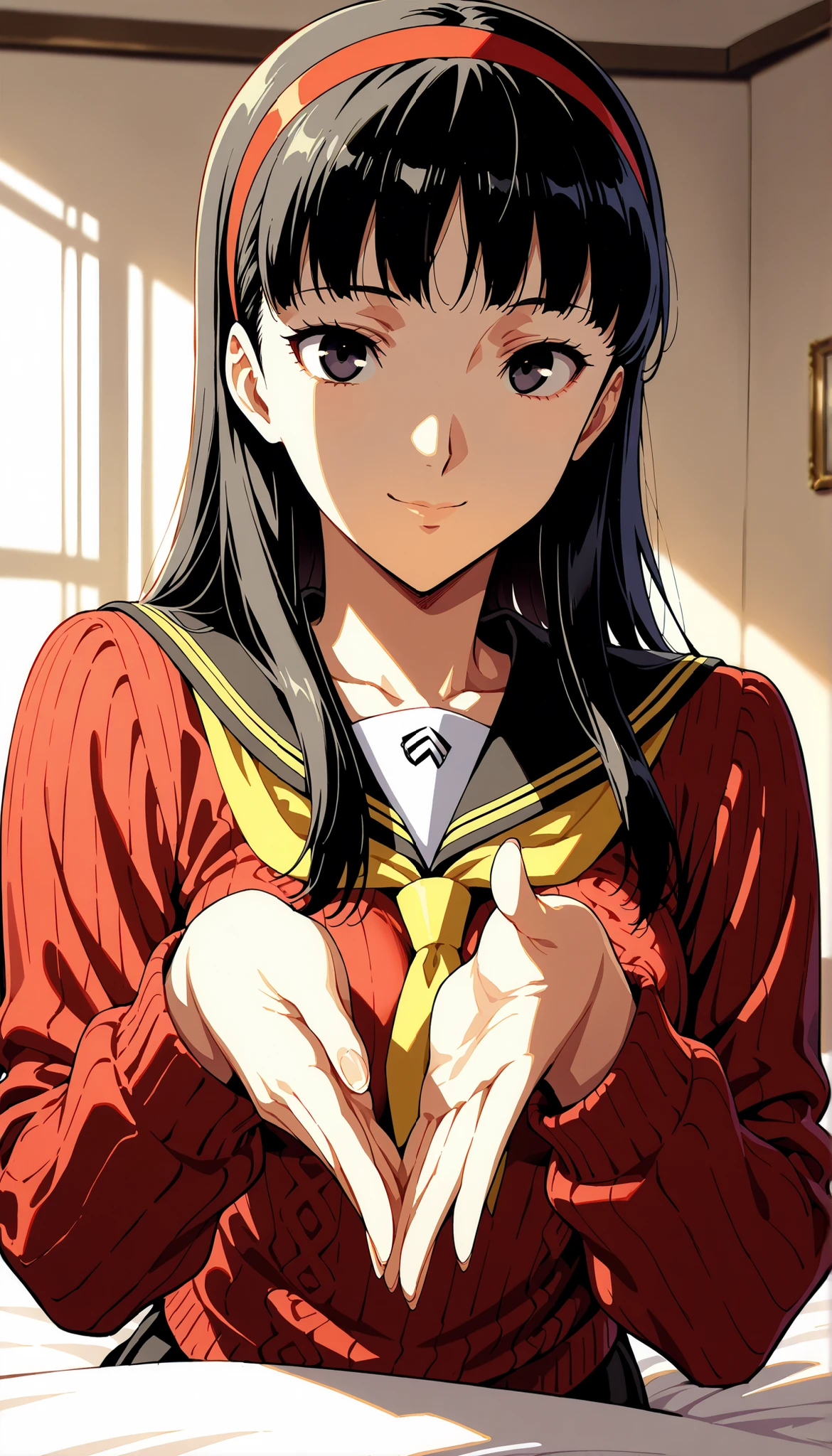 score_9,score_8_up ,score_7_up ,score_6_up ,score_5_up ,score_4_up ,source_anime, clip skip:2,(masterpiece:1.3),(extremely detailed CG unity 8k wallpaper),top quality , amazing quality, high resolution, absurd, very aesthetic, high resolution, (ultra detail), perfect detail ,( beautiful eyes:1.3),(feature large highlight:1.4), 8K, perfect fingers,(perfect hands, perfect anatomy),(Aesthetic Anime Eyes:1.3),(feature large highlight:1.4),beautiful hair,18歳,day,薄い目,
1 girl, solo, cute face,(upper body:1.4),
p4yukiko, amagi yukiko, long hair, black hair, bangs, black eyes,
p4yukiko-winuni, yasogami school uniform, school uniform, sweater, red sweater,
bedroom, sitting, looking at viewer, smile,
masterpiece, best quality, ultra detailed,