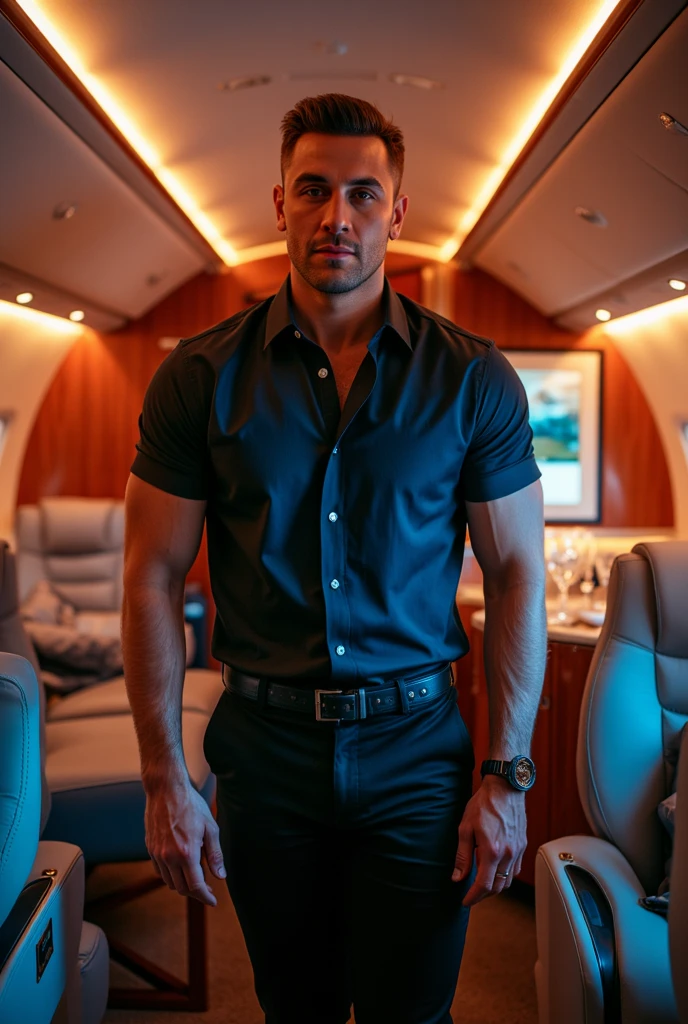 masterpiece, best quality, face, natural eyes, 1man, solo, big feet, black socks, full body, (in suits), large bulge, long legs, looking at viewer, 30 years old, muscled and mature, pilot, pilot in uniform, short haircut, blue eyes, topless, shirtless, open chest, eight-pack abs, sexy,