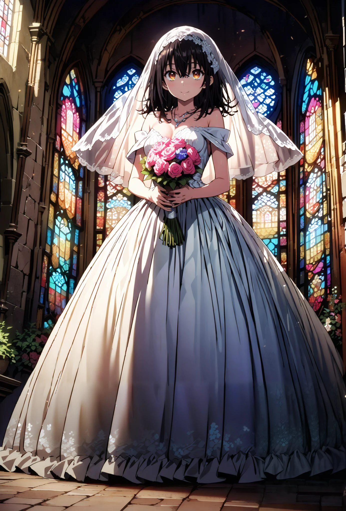 score_9, score_8_up, score_7_up, source_anime, Yukina Himeragi, medium hair, black hair, brown eyes,smile,cover,close your mouth,Medium breast,necklace,Veil,Off Shoulder Wedding Dress,Short sleeve,wedding long skirt,holding a bouquet of flowers with both hands,bouquet,standing,stained glass,full body,がillustrationに入るように,break indoors, Chapel,church,
break looking at viewer,full body,
break (masterpiece:1.2), best quality, high resolution, Unity 8K Wallpaper , (illustration:0.8), (beautiful detailed eyes:1.6), Highly detailed faces, perfect lighting, extremely detailed CG, (perfect hand, perfect anatomy),