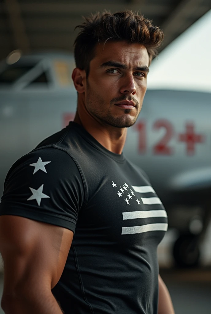 American Young white man, 17 years old, military haircut, dark hair, intense blue eyes, intense gaze, affiliated features, no facial hair, height 1.93, weight 90 kg, muscular and corpulent build, broad shoulders, V-shaped body, dragons tattoo's on right arm, gladiator, full body focus, completely hairless,