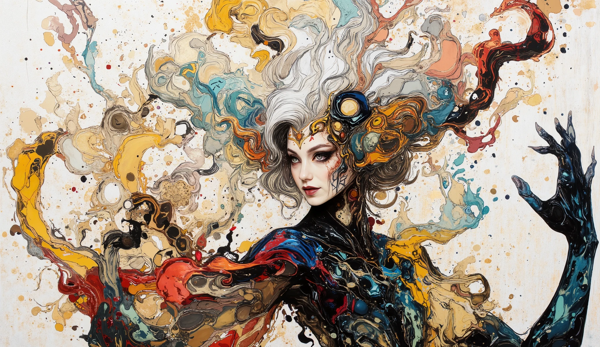A whimsical fusion of patterns and colors brings to life an imaginative scene, featuring a central figure with flowing white hair and striking makeup, exuding an air of mystery. She is enveloped in a rich tapestry of bold geometric designs and organic motifs, intertwined with abstract forms . The background, rendered in white and gold tones with a textured pattern, supports the foreground's intricate details, while the visual balance is accentuated by elongated limbs and playful, exaggerated features. This artwork blends elements of surrealism and modern illustration, inviting viewers into a dreamlike narrative filled with expressive energy and captivating visual storytelling.