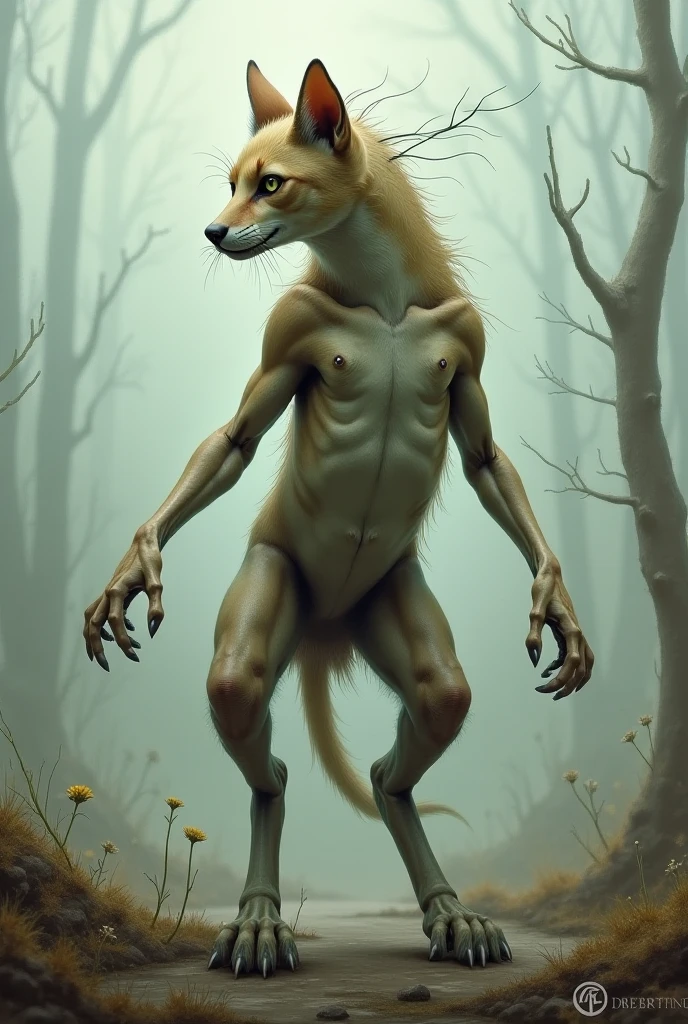 mythical creature, with two torsos, feminine, fused chimera of decaying human and fox full view