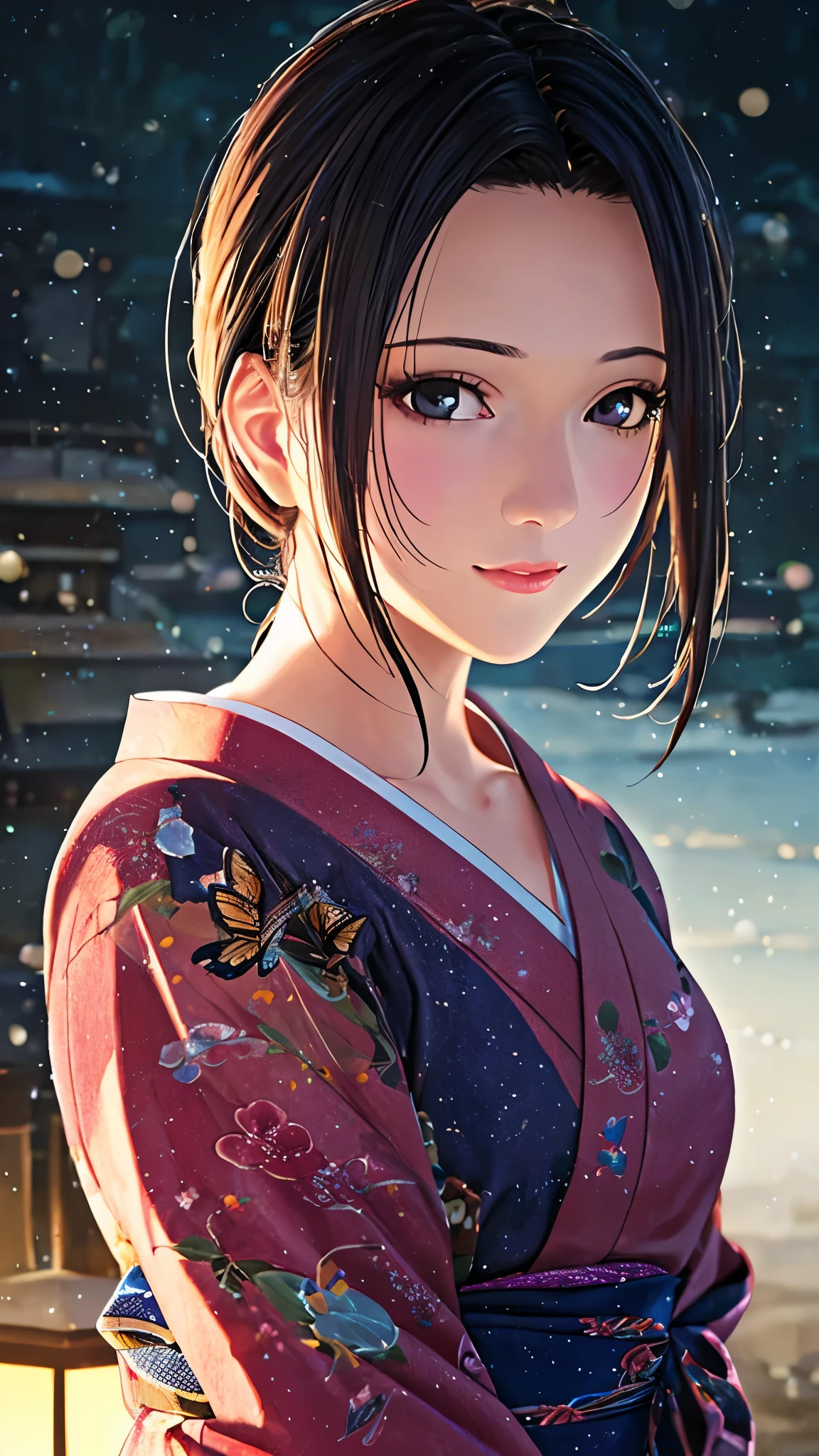 1girl, young woman, brunette hair, black eyes, beautiful detailed eyes, beautiful detailed lips, extremely detailed eyes and face, long eyelashes, pink butterfly yukata, white background, serene expression, gentle smile, soft lighting, flowing hair, summer breeze, (best quality, 4k, 8k, high resolution, masterpiece:1.2), ultra-detailed, (realistic, photorealistic, photo-realistic:1.37), HDR, UHD, studio lighting, ultra-fine painting, sharp focus, physically-based rendering, extreme detail description, professional, vivid colors, bokeh, soft focus, illustration, delicate, elegant, Japanese style, pastel tones, warm lighting