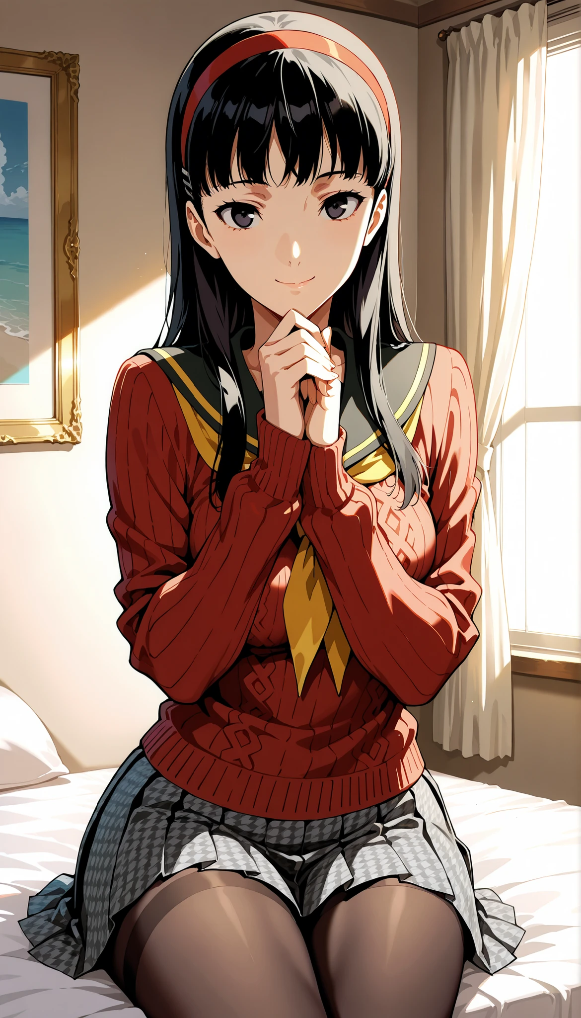 score_9,score_8_up ,score_7_up ,score_6_up ,score_5_up ,score_4_up ,source_anime, clip skip:2,(masterpiece:1.3),(extremely detailed CG unity 8k wallpaper),top quality , amazing quality, high resolution, absurd, very aesthetic, high resolution, (ultra detail), perfect detail ,( beautiful eyes:1.3),(feature large highlight:1.4), 8K, perfect fingers,(perfect hands, perfect anatomy),(Aesthetic Anime Eyes:1.3),(feature large highlight:1.4),beautiful hair,18歳,day,薄い目,
1 girl, solo, cute face,(cowboy shot:1.4),
p4yukiko, amagi yukiko, long hair, black hair, bangs, black eyes,
p4yukiko-winuni, yasogami school uniform, school uniform, sweater, red sweater, , skirt, pleated skirt, houndstooth, brown pantyhose,
bedroom, sitting, looking at viewer, smile,
masterpiece, best quality, ultra detailed,