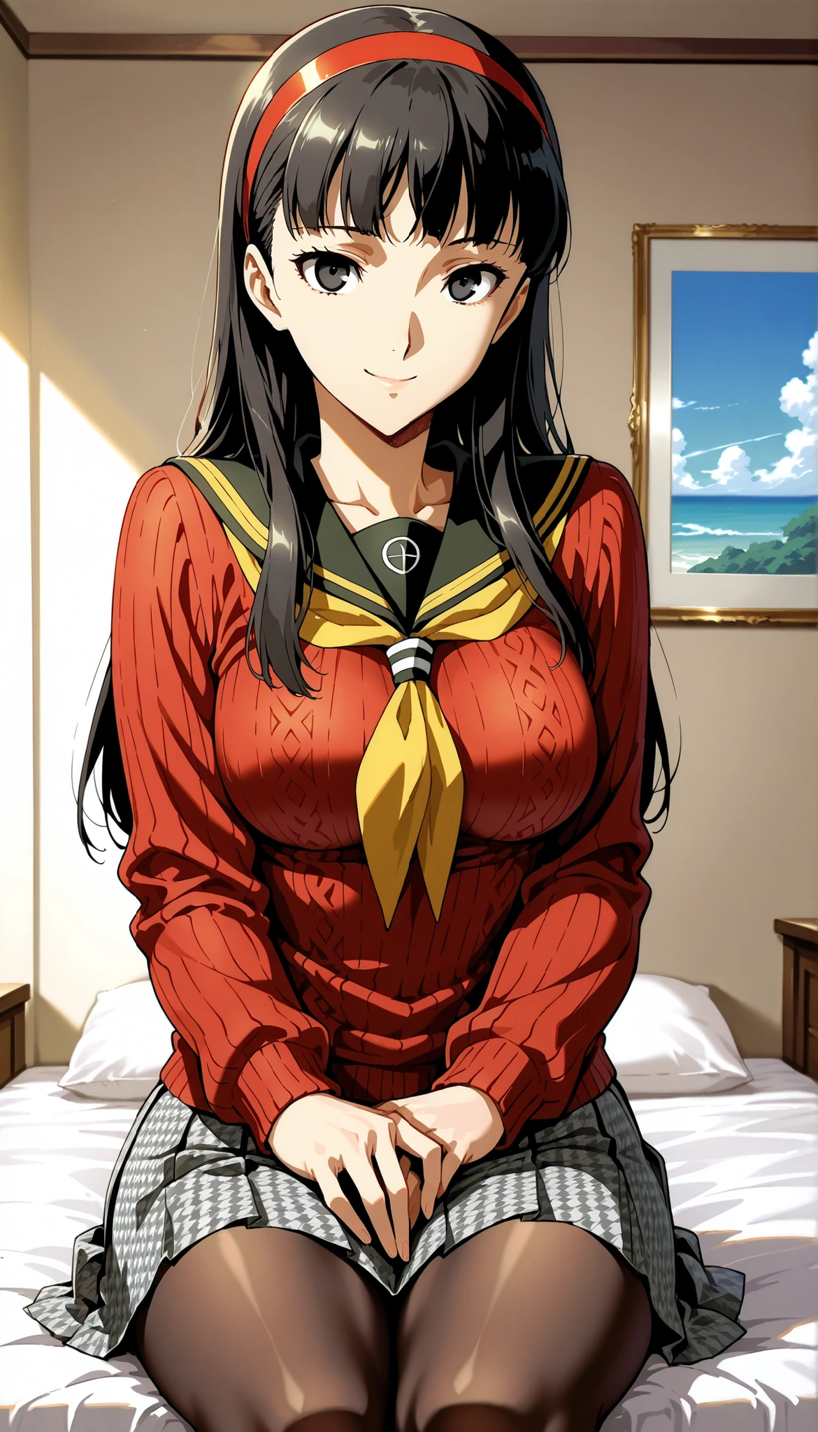 score_9,score_8_up ,score_7_up ,score_6_up ,score_5_up ,score_4_up ,source_anime, clip skip:2,(masterpiece:1.3),(extremely detailed CG unity 8k wallpaper),top quality , amazing quality, high resolution, absurd, very aesthetic, high resolution, (ultra detail), perfect detail ,( beautiful eyes:1.3),(feature large highlight:1.4), 8K, perfect fingers,(perfect hands, perfect anatomy),(Aesthetic Anime Eyes:1.3),(feature large highlight:1.4),beautiful hair,18歳,day,薄い目,
1 girl, solo, cute face,(cowboy shot:1.4),
p4yukiko, amagi yukiko, long hair, black hair, bangs, black eyes,
p4yukiko-winuni, yasogami school uniform, school uniform, sweater, red sweater, , skirt, pleated skirt, houndstooth, brown pantyhose,
bedroom, sitting, looking at viewer, smile,
masterpiece, best quality, ultra detailed,