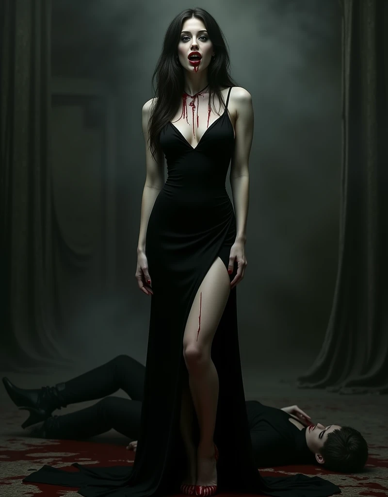 A gothic pale white woman, black thigh high socks, tall high heels, black wavy hair, standing tall directly over a man lying down on the floor with his back on the ground, she's putting her high heel inside into his eye hole, her whole high heel is into his eye, her high heel is inside his eye, his eye is bloody and has a hole where her heel is in, his face is bloody and beaten, his white shirt is bloody, the floor has a puddle of blood, the man is yelling in agony.