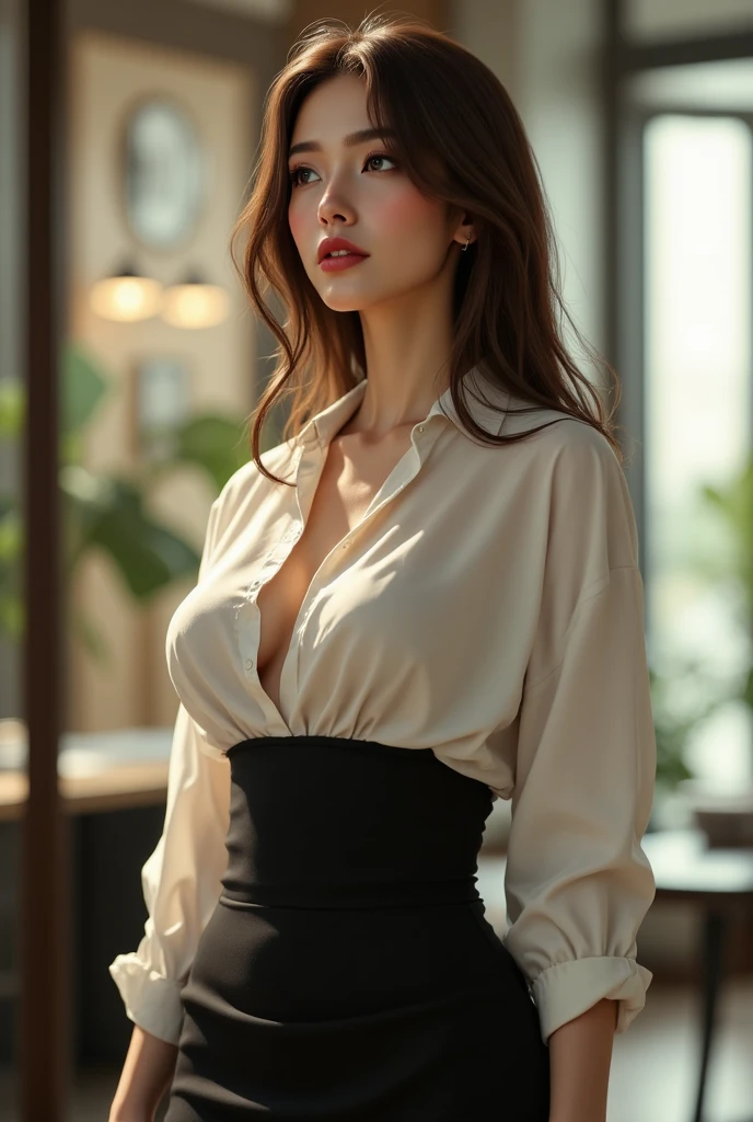 （best qualtiy，A high resolution，tmasterpiece：1.3），A tall and beautiful woman，Slender abs，Dark brown hair in loose wavy styling，Large breasts，cleavage，Wear a pendant，white button-down blouse，obi strip，a black skirt，(((((long leges))))，stocklings，（Modern architecture in background），Beautifully rendered details in face and skin textures，Detailed eyes，二重まぶた