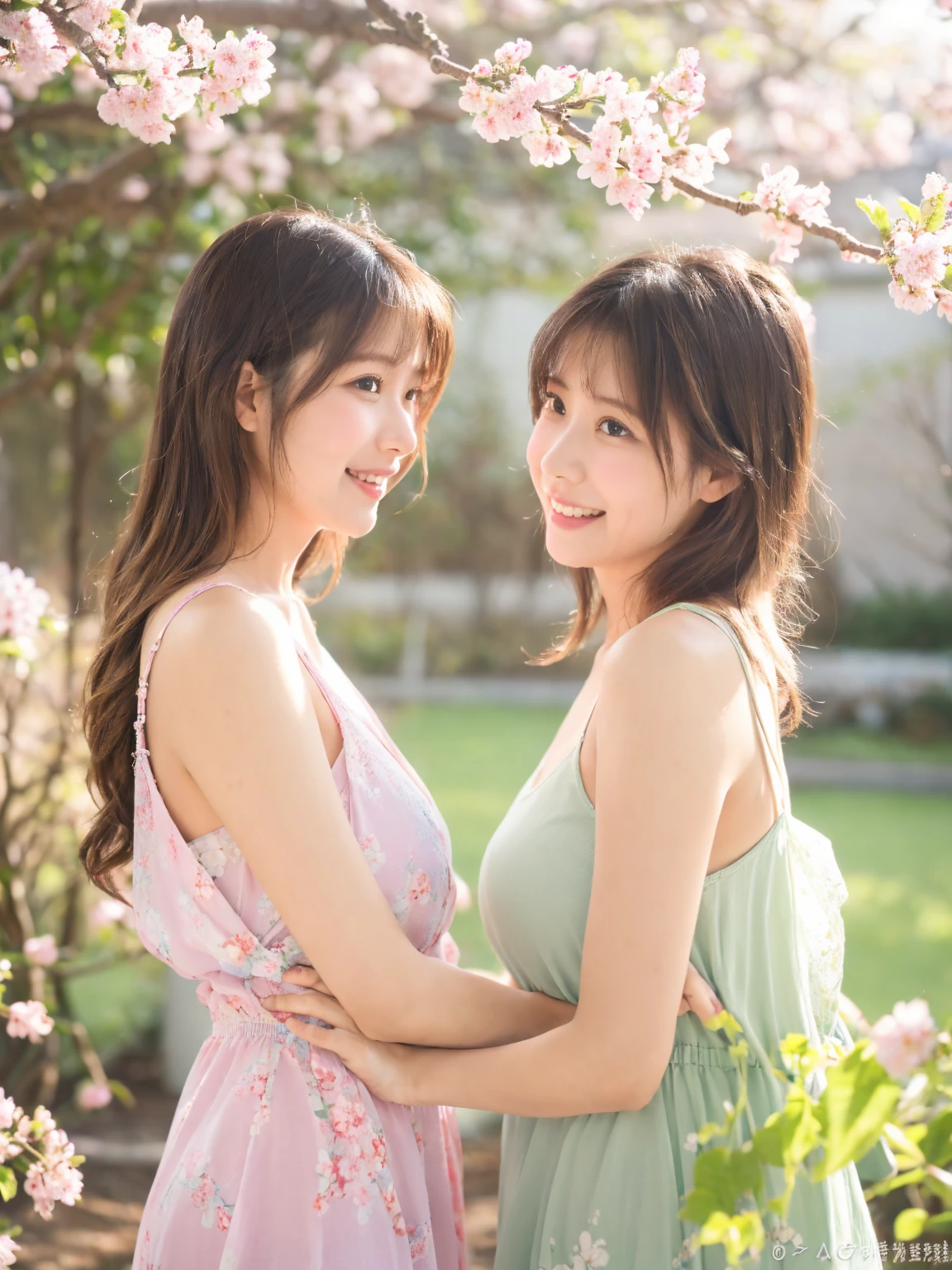 Ultra-realistic、High resolution、High resolution8Kフォトリアリスティック画像。Scenes of Japanese sisters who look completely different。My sister is big, Beautiful Face, Long black hair.、Kind eyes、Elegant atmosphere。my sister is short、Has short brown hair.、Lively expressions、She has a baby face and big breasts、Wearing sexy casual clothes.。The background is a rose like the sun、Glass vase　In the bedroom、Warm natural light pours in。Both facial details are clearly visible.、If so、everyone&#39;Individuality。Create photo book-like page layouts。