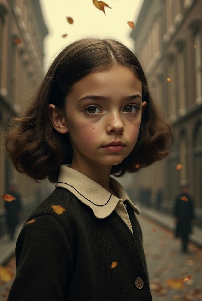 Paris, 1940. A little ((((12-year-old)) Marie-Laure LeBlanc)), freckles, in a train station, ((worried expression)), ((((clothings from the 1940s)))), ((dark hairstyle of the 1940s))