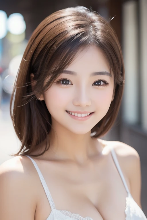 20 year old fashion model [[[[close up]]]], [[[[neck]]]], [[[[shoulder]]]], perfect eyes, perfect iris，perfect lips，perfect teeth，Perfect beautiful skin，white skin，High density photography，long black hair，（The face is radiant and delicate.），((smile))，((The background is indoors.))，((There are green trees and flowers outside the window.))，best quality，Masterpiece，（light color：1.2