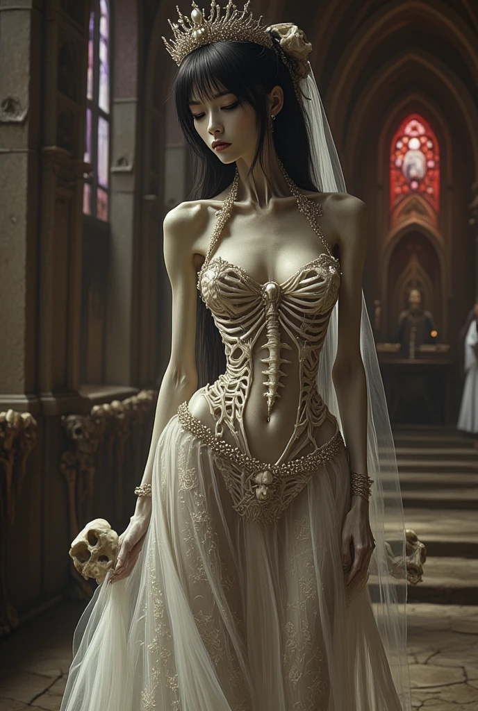 woman in a high front slit wedding dress,wearing see trough dress, (colorful skull tattoo ((on chest)):1.3), inside church, walking down church aisle with open thighs, surrounded by people, detailed face, elegant, photorealistic, 8k, best quality, highly detailed, intricate, dramatic lighting, cinematic, erotically romantic, soft focus, warm colors, wedding bjd, seethru