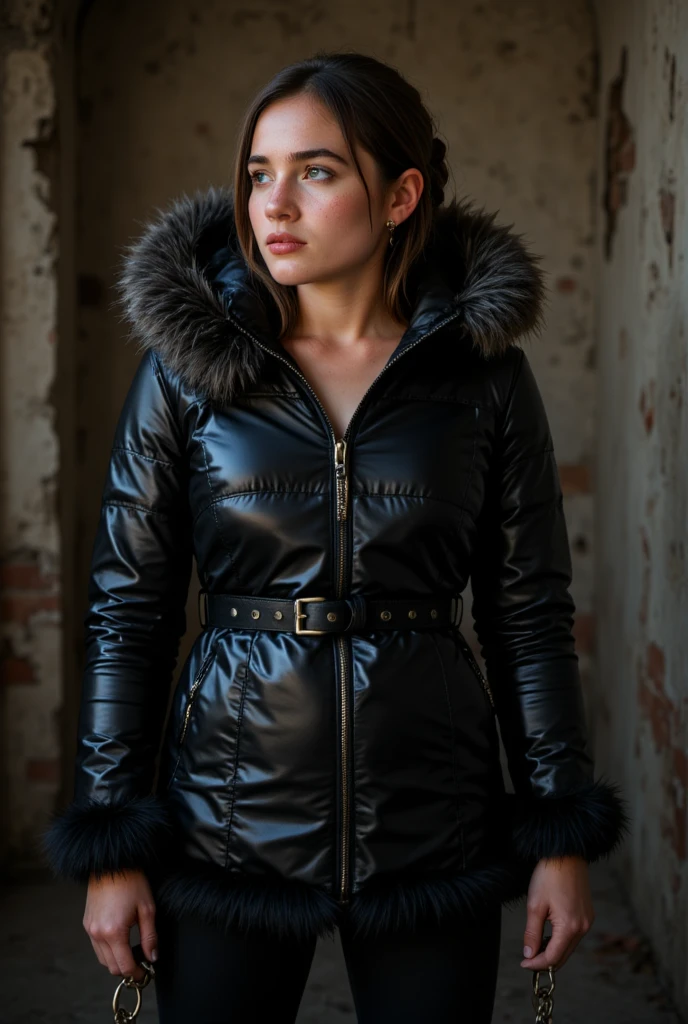 (photograph of Alison Brie, in moncler black silk puffer coat), ((looking at viewer)), photorealistic, large breasts, silk bra