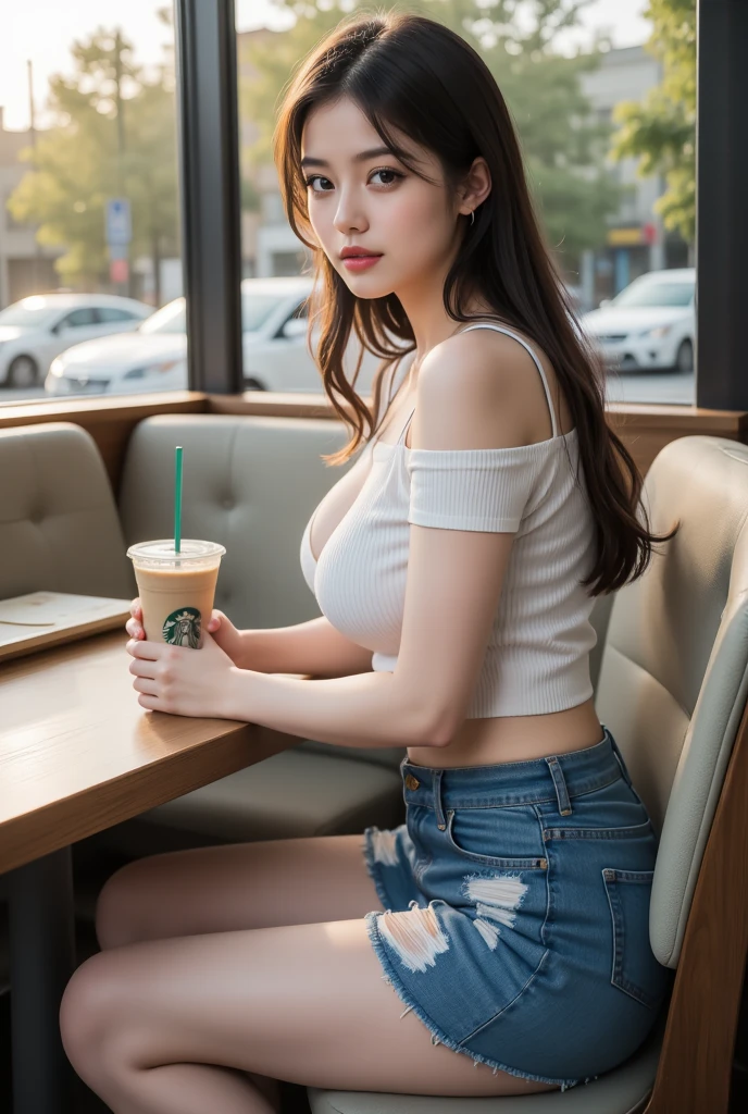 (realistic, high resolution:1.3), 1 girl with perfect figure, super fine face and eyes, long hair, tank top: 1.2 in random colors, short jeans, in a café, coffee on the table, big breasts, exposed cleavage