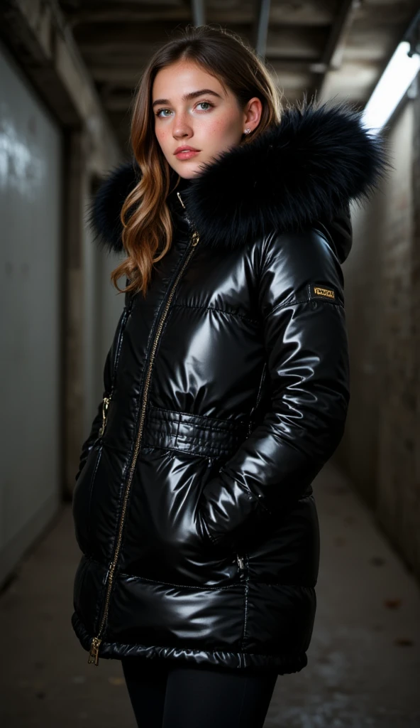 ultrarealistic high quality full body photo of a beautiful busty slim european 25-year-old woman with cute hyperdetailed shy face and natural redhead middle length hair and shy smile , realistic round hazel eyes, natural lips, dark eye makeup with eyeliner, wearing shiny super puffy jacket and latex pants, hourglass body, outdoor photography, tanned