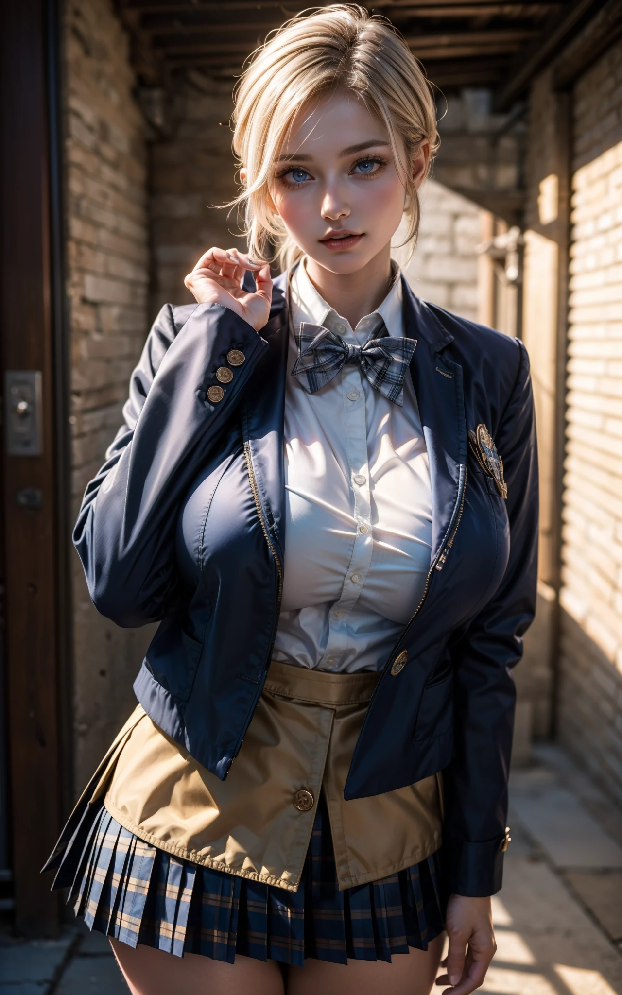 (( beautiful face:1.4)), (Purelos Face_v1: 1.0), girl1人、((Natural huge breasts:1.6)),((Upper Body)),(best quality, 8k, 32K, masterpiece, NFFS:1.2), (realistic:1.5), (masterpiece, Highly Detailed CG Unity 8K Wallpaper, best quality, expensivet resolution:1.2), ( ultra detailed , NFFS:1.2), (cowboy shooting:1.3), break, (Wearing a schoolgirl uniform, navy jacket:1.3, white collar shirt:1.3, plaid pleated skirt:1.3, white sneakers:1.3), bright expression, shiny white skin, Great looks, ultimate beauty girl, break, (Platinum blonde hair with dazzling expensivelights, shiny bright hair , Smooth and Straight Hair, Shiny, beautiful bangs), break, Clear and Attractive Blue Eyes Like Shining Crystals, very beautiful and cute , rich bust, masterpiece, best quality, Capture a super cute moment, depth of field, ultra detailed , super high resolution, C4D, Octadale, 3D Modeling, 8k, .,expensive_schools_girl
