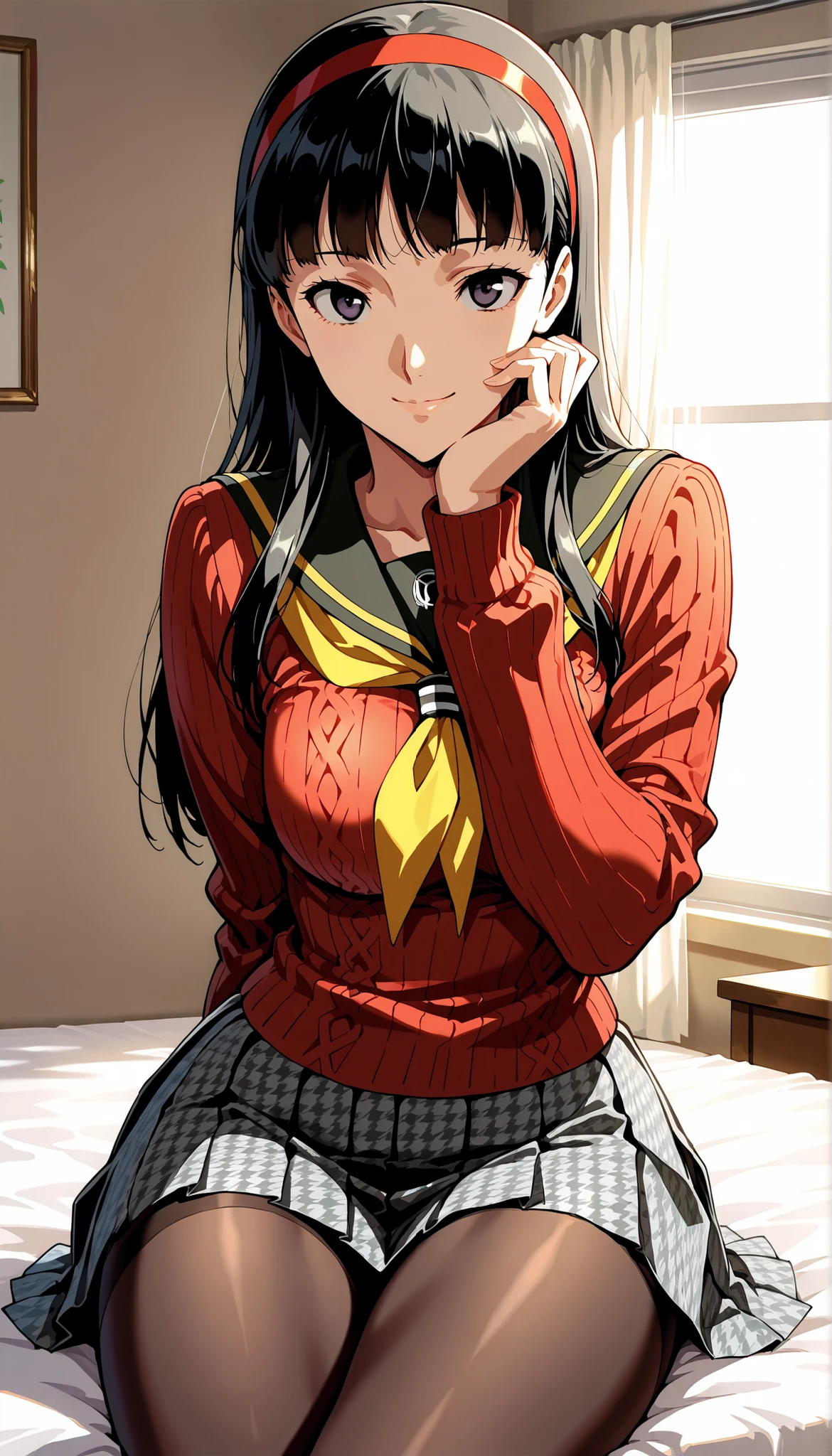score_9,score_8_up ,score_7_up ,score_6_up ,score_5_up ,score_4_up ,(source_anime), clip skip:2,(masterpiece:1.3),(extremely detailed CG unity 8k wallpaper),top quality , amazing quality, high resolution, absurd, very aesthetic, high resolution, (ultra detail), perfect detail ,( beautiful eyes:1.3),(feature large highlight:1.4), 8K, perfect fingers,(perfect hands, perfect anatomy),(Aesthetic Anime Eyes:1.3),(feature large highlight:1.4),beautiful hair,18歳,day,薄い目,
1 girl, solo, cute face,(cowboy shot:1.4),
p4yukiko, amagi yukiko, long hair, black hair, bangs, black eyes,
p4yukiko-winuni, yasogami school uniform, school uniform, sweater, red sweater, , skirt, pleated skirt, houndstooth, brown pantyhose,
bedroom, sitting, looking at viewer, smile,
masterpiece, best quality, ultra detailed,