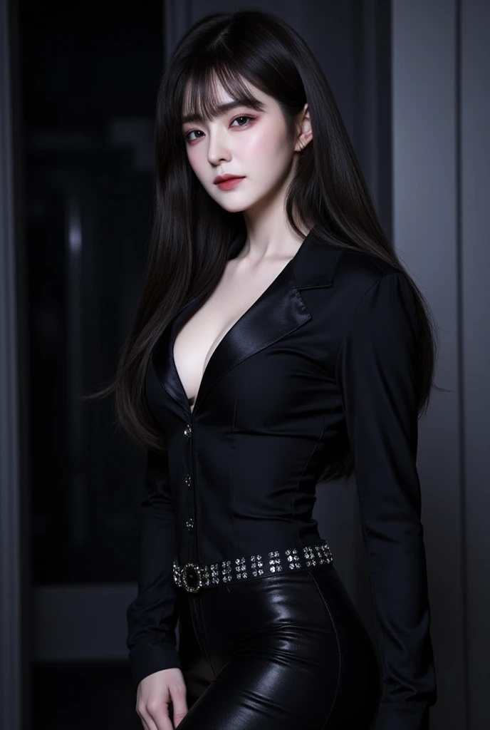 award winning RAW color photo of victorian era vampire cherrynobodysd15+ wearing black dress leather corset, dark foggy village, night ominous dark foreboding, mist, moonrays, vivid alluring eyes, pale skin, (black hair)+, shallow depth of field, high contrast, backlighting, bloom, chromatic aberration, smooth, sharp focus, taken on a mirrorless camera