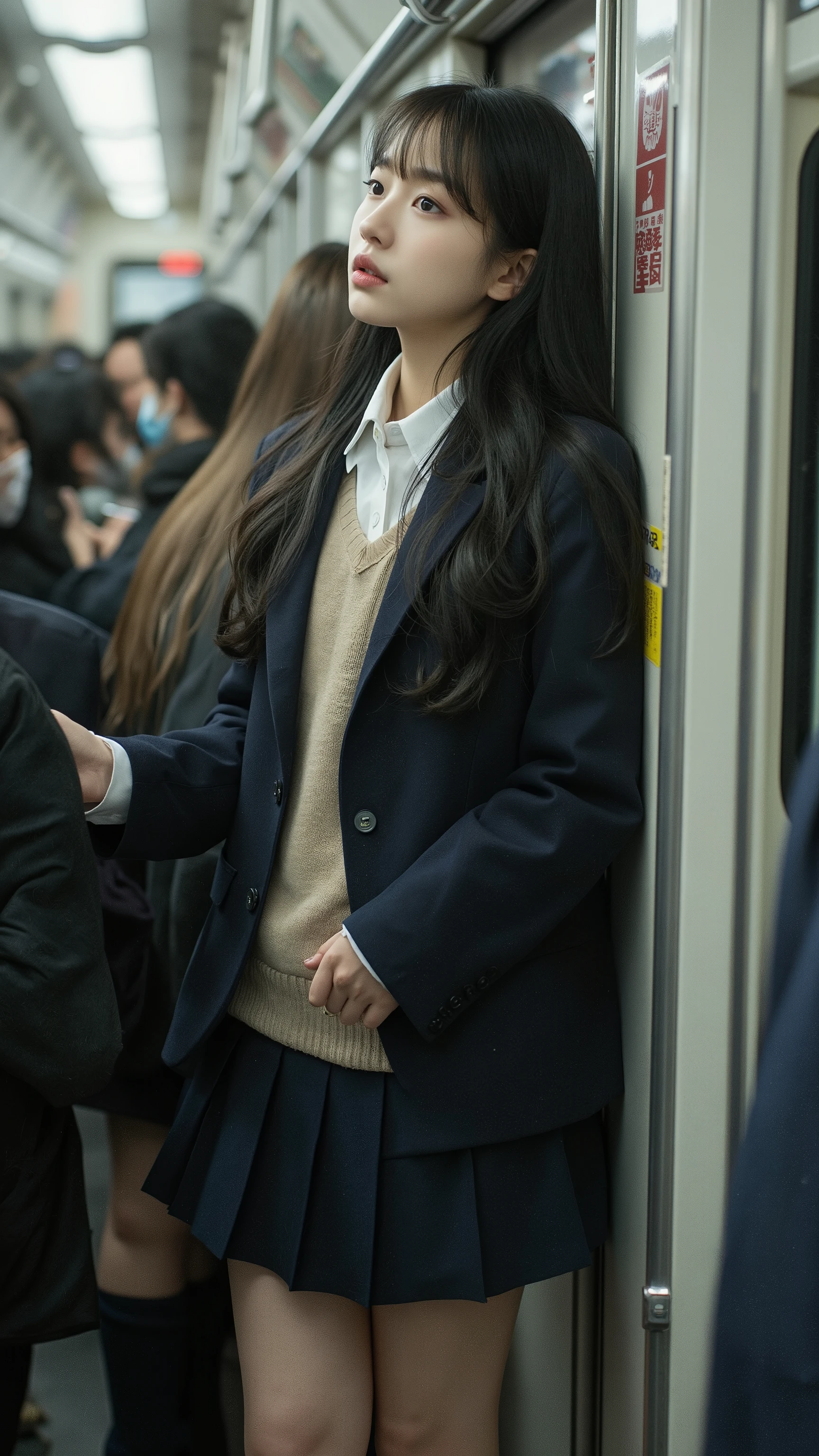 A photorealistic side-view image of a young woman standing by the door inside a crowded Tokyo commuter train. She is wearing a high school uniform: a white dress shirt, a beige lightweight sweater over it, and a navy blue blazer on top. She also wears a navy blue pleated mini skirt and navy blue socks, revealing her attractive thighs. Her long black hair flows down her back, and she gazes absentmindedly out the window, lost in thought. The scene captures the dense atmosphere of the train with many passengers around her.