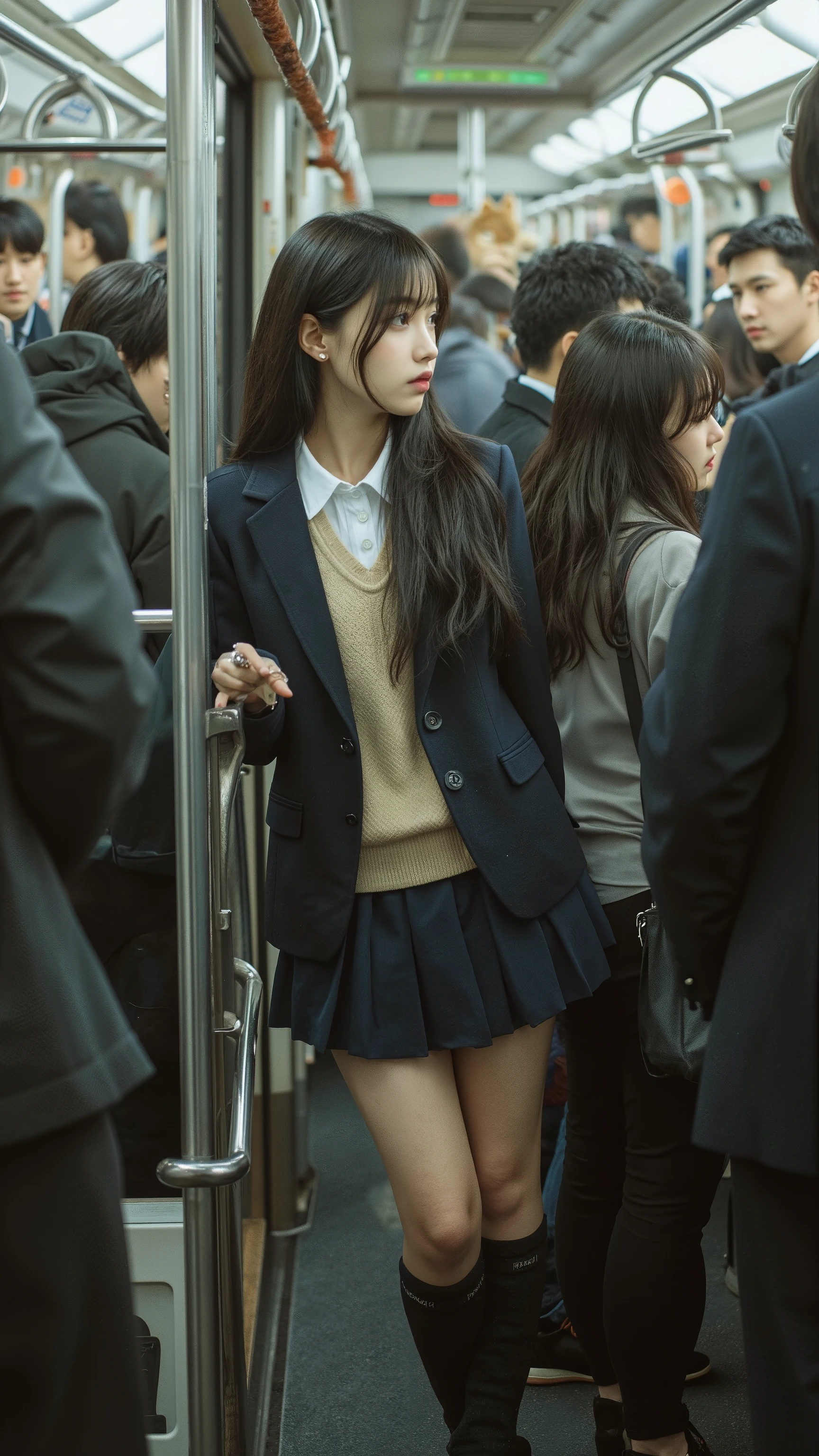 A photorealistic side-view image of a young woman standing by the door inside a crowded Tokyo commuter train. She is wearing a high school uniform: a white dress shirt, a beige lightweight sweater over it, and a navy blue blazer on top. She also wears a navy blue pleated mini skirt and navy blue socks, revealing her attractive thighs. Her long black hair flows down her back, and she gazes absentmindedly out the window, lost in thought. The scene captures the dense atmosphere of the train with many passengers around her.