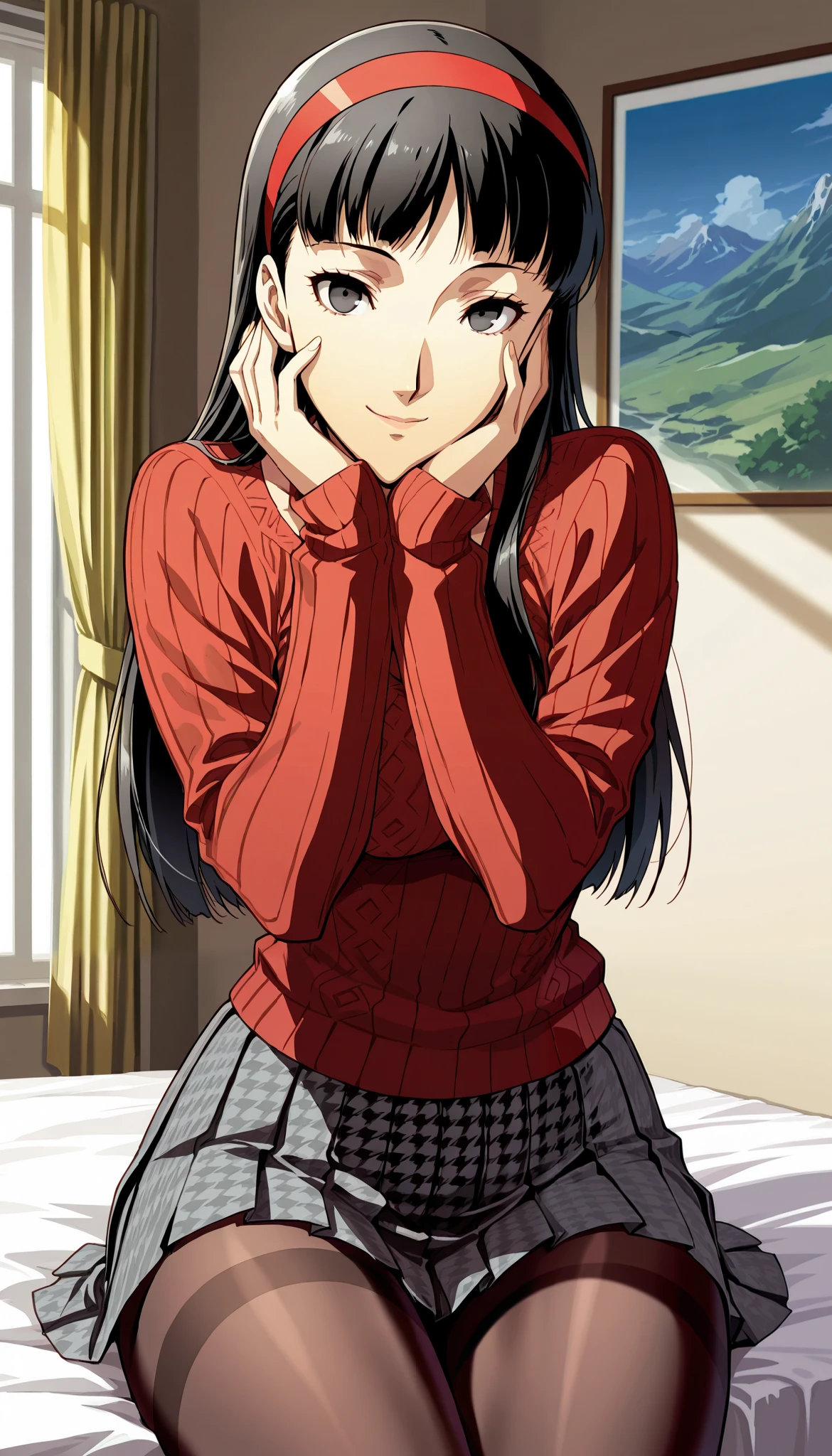 score_9,score_8_up ,score_7_up ,score_6_up ,score_5_up ,score_4_up ,source_anime, clip skip:2,(masterpiece:1.3),(extremely detailed CG unity 8k wallpaper),top quality , amazing quality, high resolution, absurd, very aesthetic, high resolution, (ultra detail), perfect detail ,( beautiful eyes:1.3),(feature large highlight:1.4), 8K, perfect fingers,(perfect hands, perfect anatomy),(Aesthetic Anime Eyes:1.3),(feature large highlight:1.4),beautiful hair,18歳,day,薄い目,
1 girl, solo, cute face,(cowboy shot:1.4),
p4yukiko, amagi yukiko, long hair, black hair, bangs, black eyes,
p4yukiko-winuni, yasogami school uniform, school uniform, sweater, red sweater, , skirt, pleated skirt, houndstooth, brown pantyhose,
bedroom, sitting, looking at viewer, smile,
masterpiece, best quality, ultra detailed,
