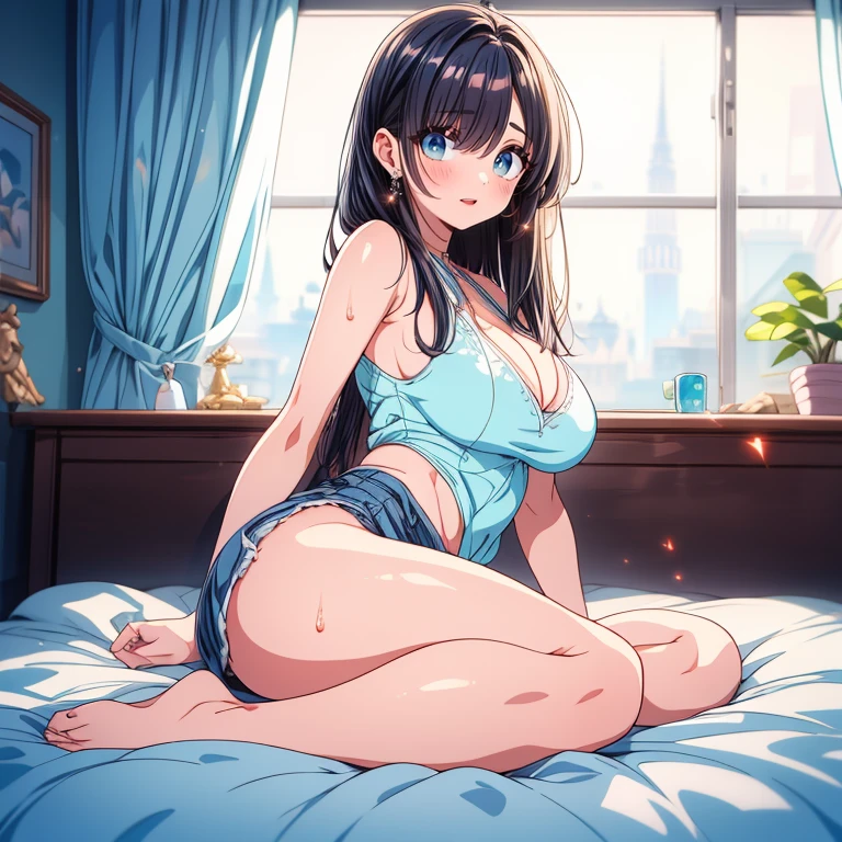 ((Seductive Anime Girl, solo:1.3))、((m legs:1.3))、((straddling:1.4))、((open crotch:1.2))、((underboob:1.2))、((huge breasts:1.4))、((highleg))、((cameltoe))、pubic hair、((cleavage:1.4))、((huge hip:1.3))、((thick thighs))、((wedgie:1.2))、((Shyness))、open mouth、looking down at viewer、((glossy realistic skin texture))、(((dark room:1.4)))、((on the bed:1.2))、((from below:1.4))、((perfect proportion))、ultra-detailliert、Top image quality, digitial illustration, ultra resolution、Sharp Focus, Smooth texture、shiny skin、Meticulously drawn hair, ((crop top navel))、((sleeveless))