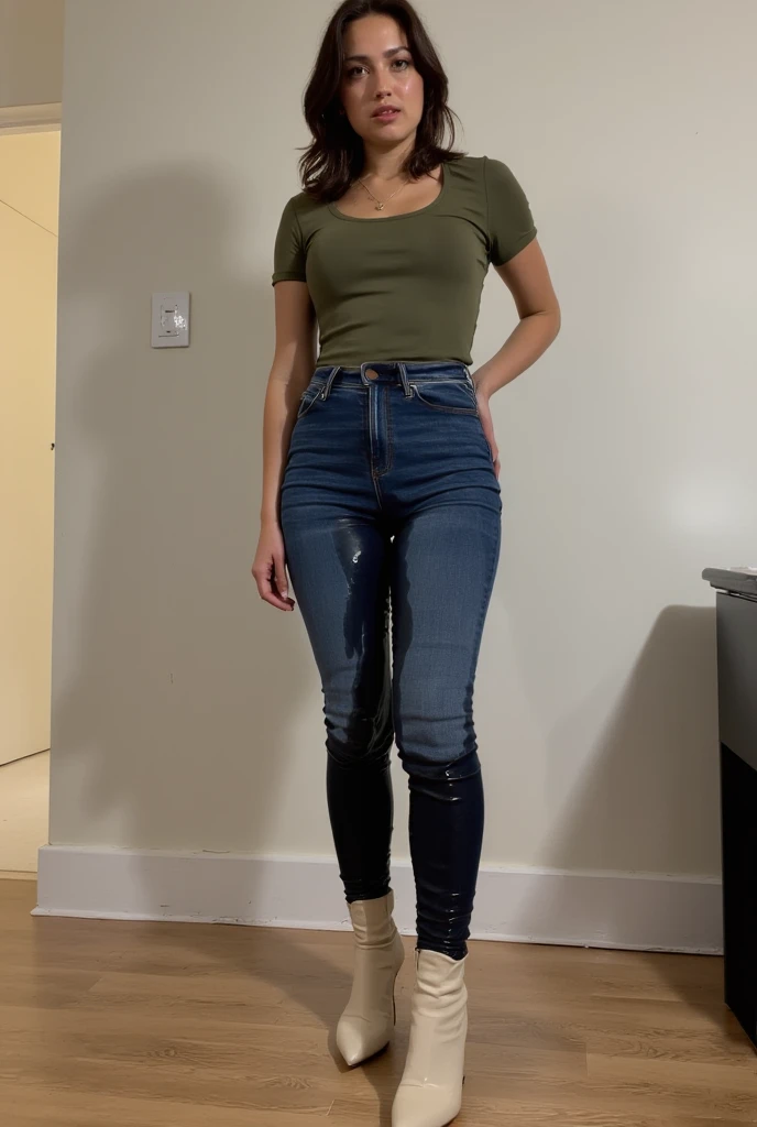 (Best Quality, Masterpiece, Photo realistic, Ultra Detailed, ultra high res, raw), (1girl), pretty, Japanese, smile, bangs, (sleeveless knit, skinny pants:1.3), (gigantic breasts, cleavage), (long hair| medium hair| short hair), (LowriseXL, LowwaistXL, groin:1.3), (high heels, beautiful long legs, full body), office room, navel, necklace, Rika Izumi,