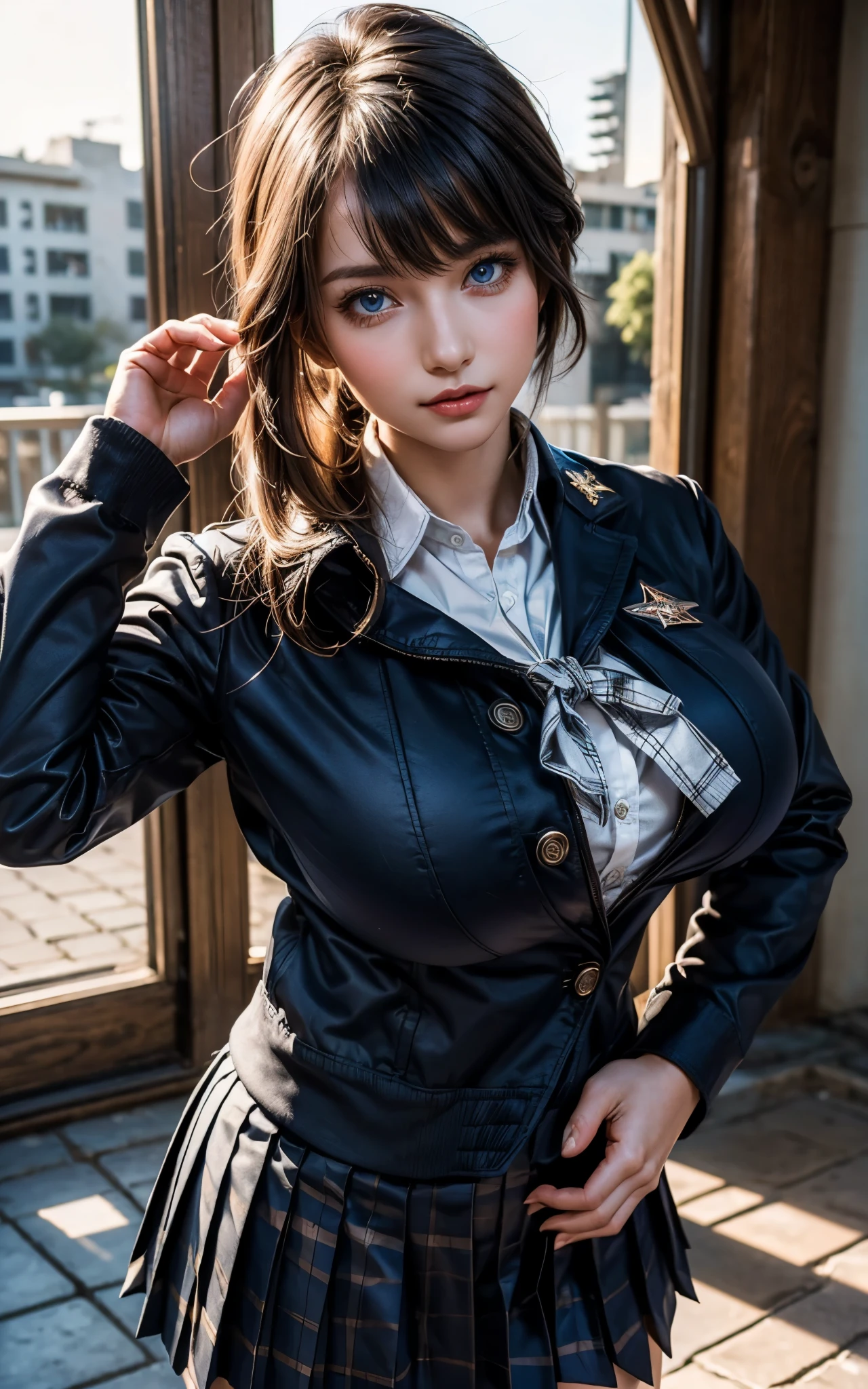 (( beautiful face:1.4)), (Purelos Face_v1: 1.0), girl1人、((Natural huge breasts:1.6)),((Upper Body)),(best quality, 8k, 32K, masterpiece, NFFS:1.2), (realistic:1.5), (masterpiece, Highly Detailed CG Unity 8K Wallpaper, best quality, expensivet resolution:1.2), ( ultra detailed , NFFS:1.2), (cowboy shooting:1.3), break, (Wearing a schoolgirl uniform, navy jacket:1.3, white collar shirt:1.3, plaid pleated skirt:1.3, white sneakers:1.3), bright expression, shiny white skin, Great looks, ultimate beauty girl, break, (Platinum blonde hair with dazzling expensivelights, shiny bright hair , Smooth and Straight Hair, Shiny, beautiful bangs), break, Clear and Attractive Blue Eyes Like Shining Crystals, very beautiful and cute , rich bust, masterpiece, best quality, Capture a super cute moment, depth of field, ultra detailed , super high resolution, C4D, Octadale, 3D Modeling, 8k, .,expensive_schools_girl