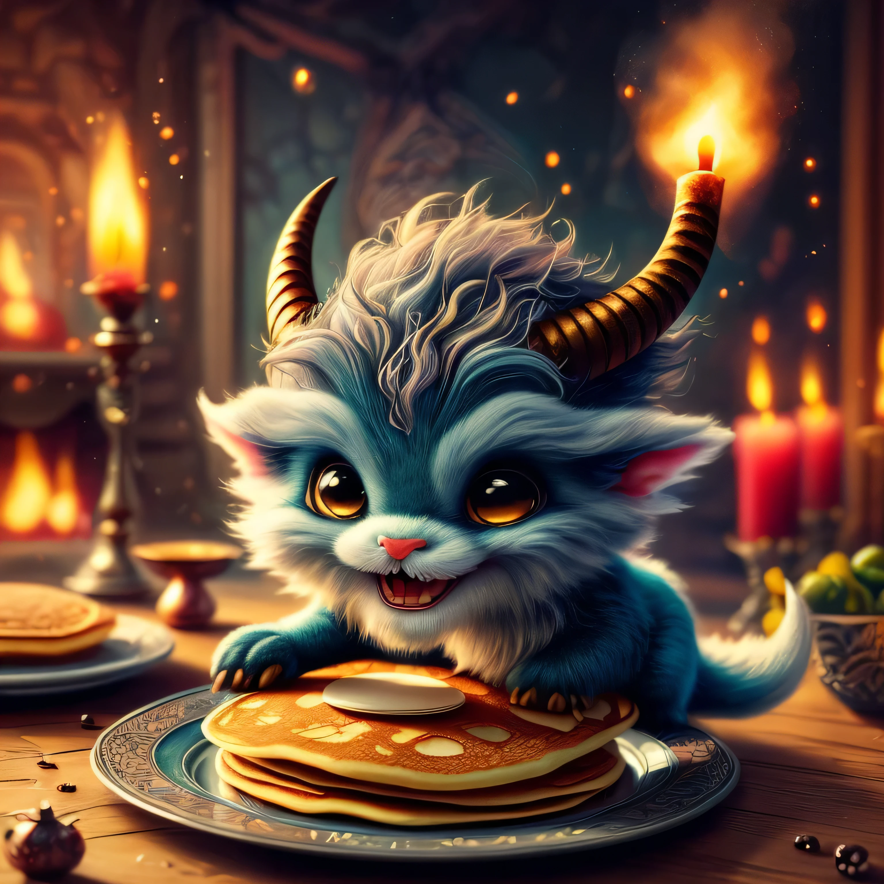 whimsical airbrush and oil painting, gothic style, friendly, Very cute mythical graceful transparent anthropomorphic gentle imp with horns and a tail holds enchanted plate of pancakes, he is dressed in dark colors and has a mischievous and slightly sinister expression on his face. in a surreal, dreamlike setting. Magical atmosphere. By Ian Miller. Hyperdetailed. Muted colors. Watercolor and delicate detailed ink lines. smooth, burnt art in a professional photograph by Awwchang :: Luis Royo :: WLOP :: Artgerm Lau :: Anne Stokes :: natural deep colors