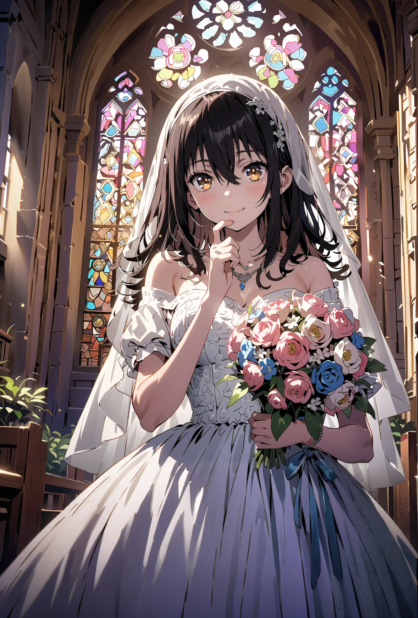Yukina Himeragi, medium hair, black hair, brown eyes,smile,cover,close your mouth,Medium breast,necklace,Veil,Off Shoulder Wedding Dress,Short sleeve,wedding long skirt,holding a bouquet of flowers with both hands,bouquet,standing,stained glass,full body,がillustrationに入るように,break indoors, Chapel,church,
break looking at viewer,full body,
break (masterpiece:1.2), best quality, high resolution, Unity 8K Wallpaper , (illustration:0.8), (beautiful detailed eyes:1.6), Highly detailed faces, perfect lighting, extremely detailed CG, (perfect hand, perfect anatomy),