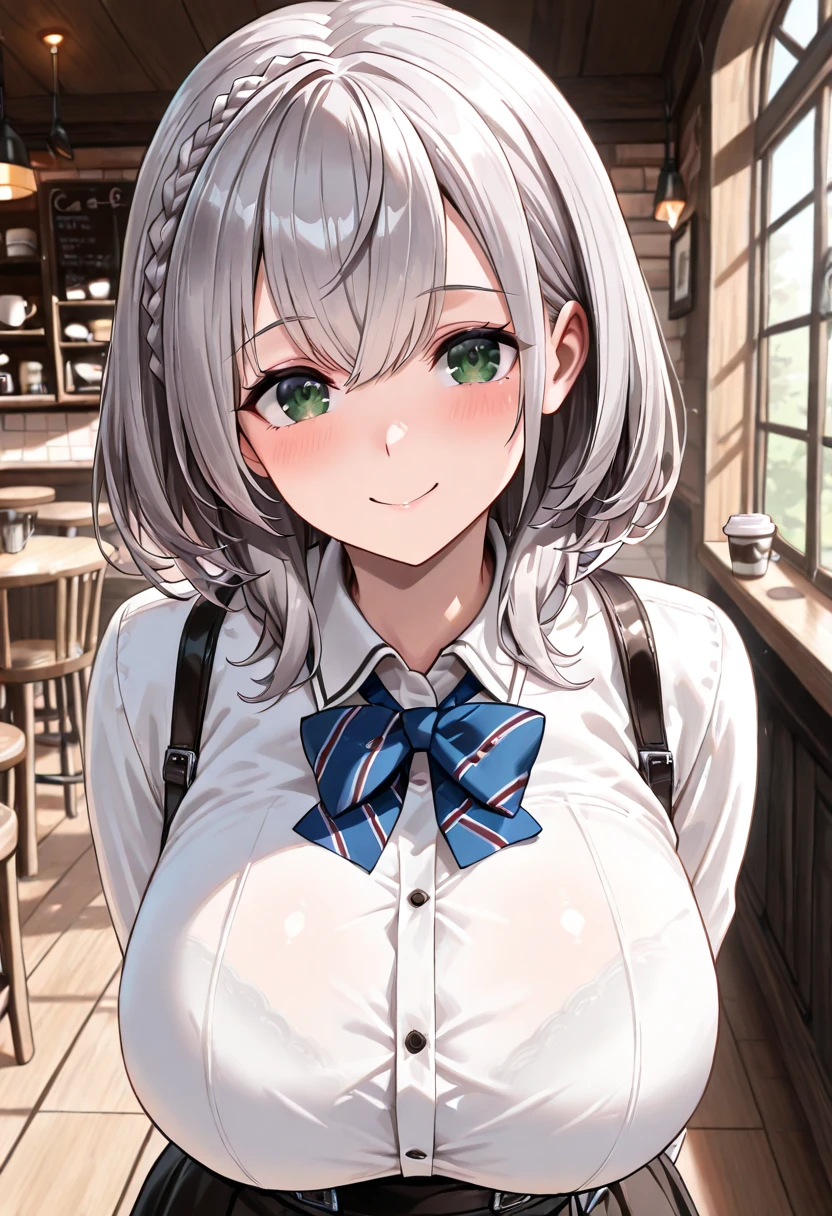 ((masterpiece, Highest quality, Super detailed)),8K,One girl,((super fine illustration)),((cute eyes,highly detailed skin)),((well endowed,Blessed,Captivating body、Detailed Background))、(Use an umbrella、Heavy rain:1.2) ,(see-through,Funoel, short hair, X Hair Ornament, Green Eyes, Blue bow tie, White shirt, Collared shirt, Black Skirt, Checked skirt, Pleated skirt, mini skirt,smile )